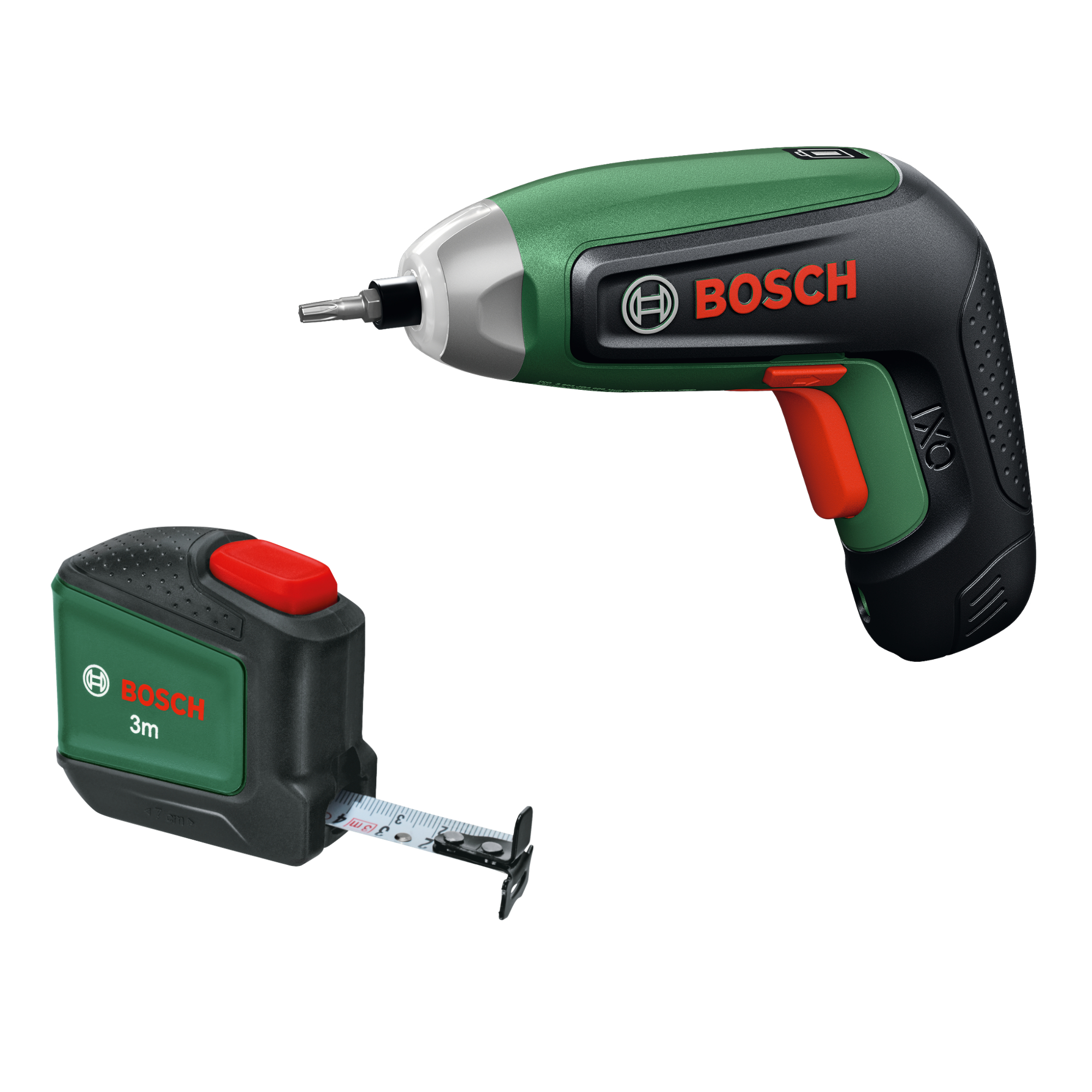 Bosch - Pack  Atornillador a batería + Cinta métrica 3m. IXO 8 Basic, batería 4V intercambiable 2.0Ah, 10 puntas de atornillar y caja de almacenaje