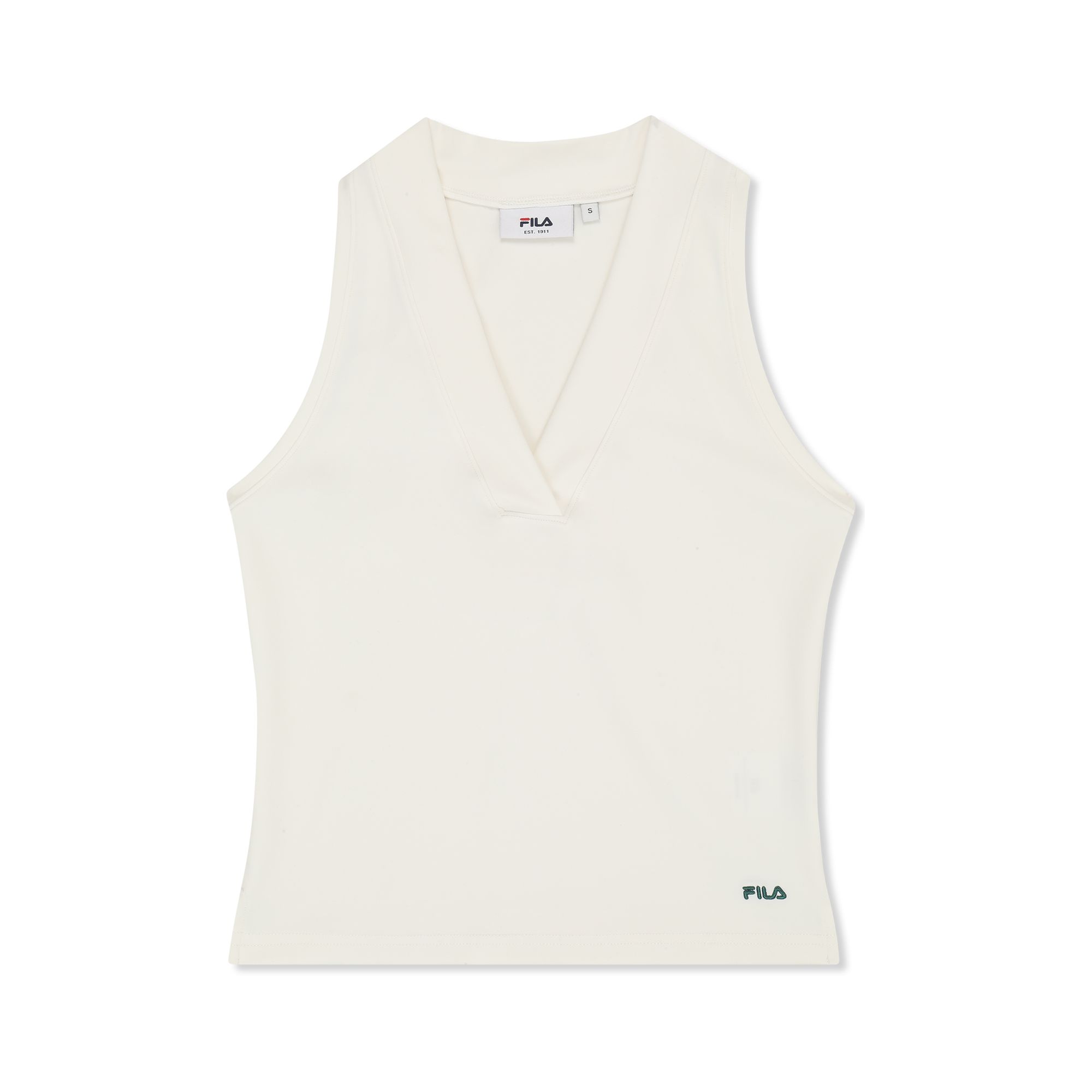 FILA | Camisetas de Tirantes Cropped Mujer, Lunata Graphic Sleeveless V-Neck Top, 65% Poliéster y 35% Elastano, Cuello en V, Sin Mangas, Logo Bordado, Negro y Blanco Roto