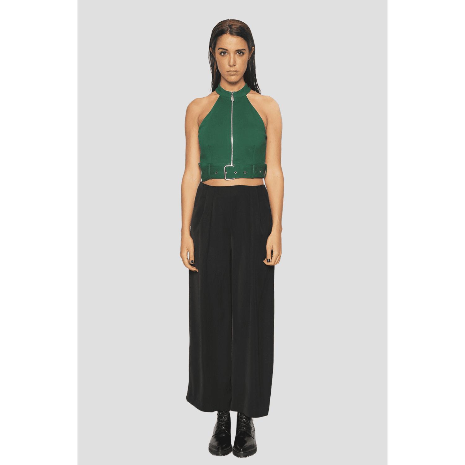 Top halter mujer cremallera frontal cinturón ajustable outfit moderno urbano tendencia 2024 corte crop color verde talla S tela ligera cómodo versátil ideal pantalones anchos faldas looks audaces ✅Entrega 24/48h