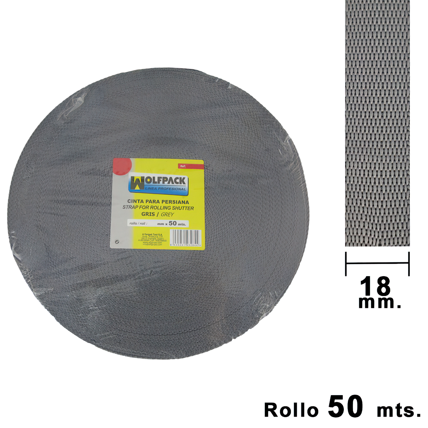 SANCO STORE - WOLFPACK LINEA PROFESIONAL Cinta Persiana Wolfpack Gris 18 mm. Rollo 50 Metros