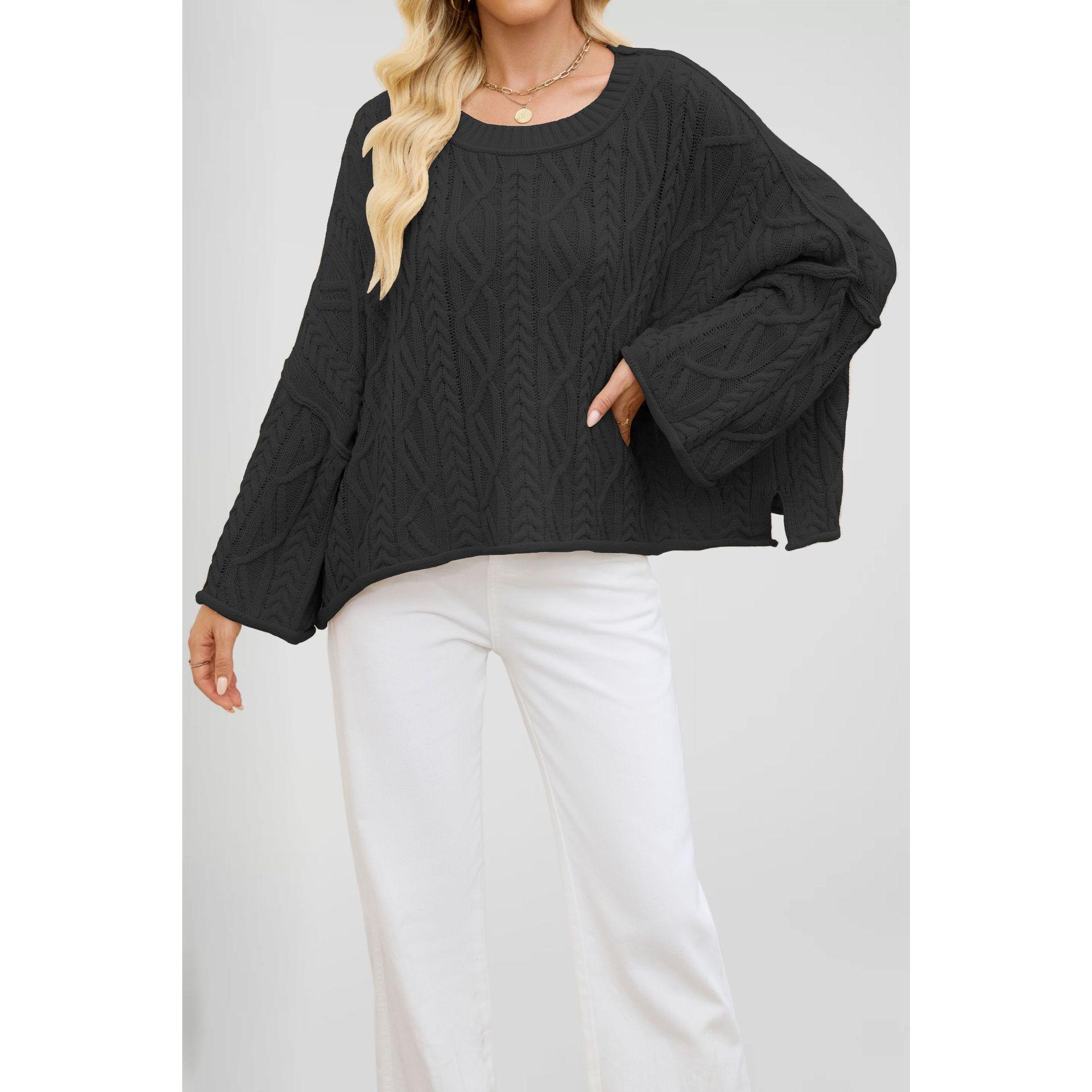 TK Suéter de punto suelto de color liso con cuello redondo y cable corto para mujer de otoño/invierno