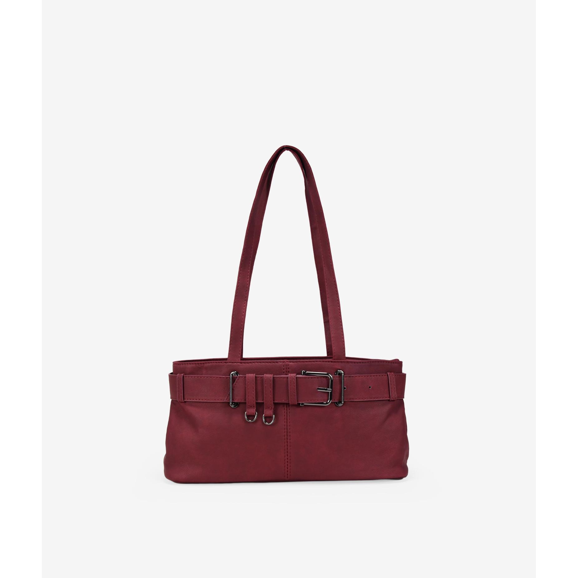 Bosanova Bolso de hombro rectangular para mujer con cinturón con hebilla y argollas metálicas. Doble asa de colgar y cierre con cremallera.