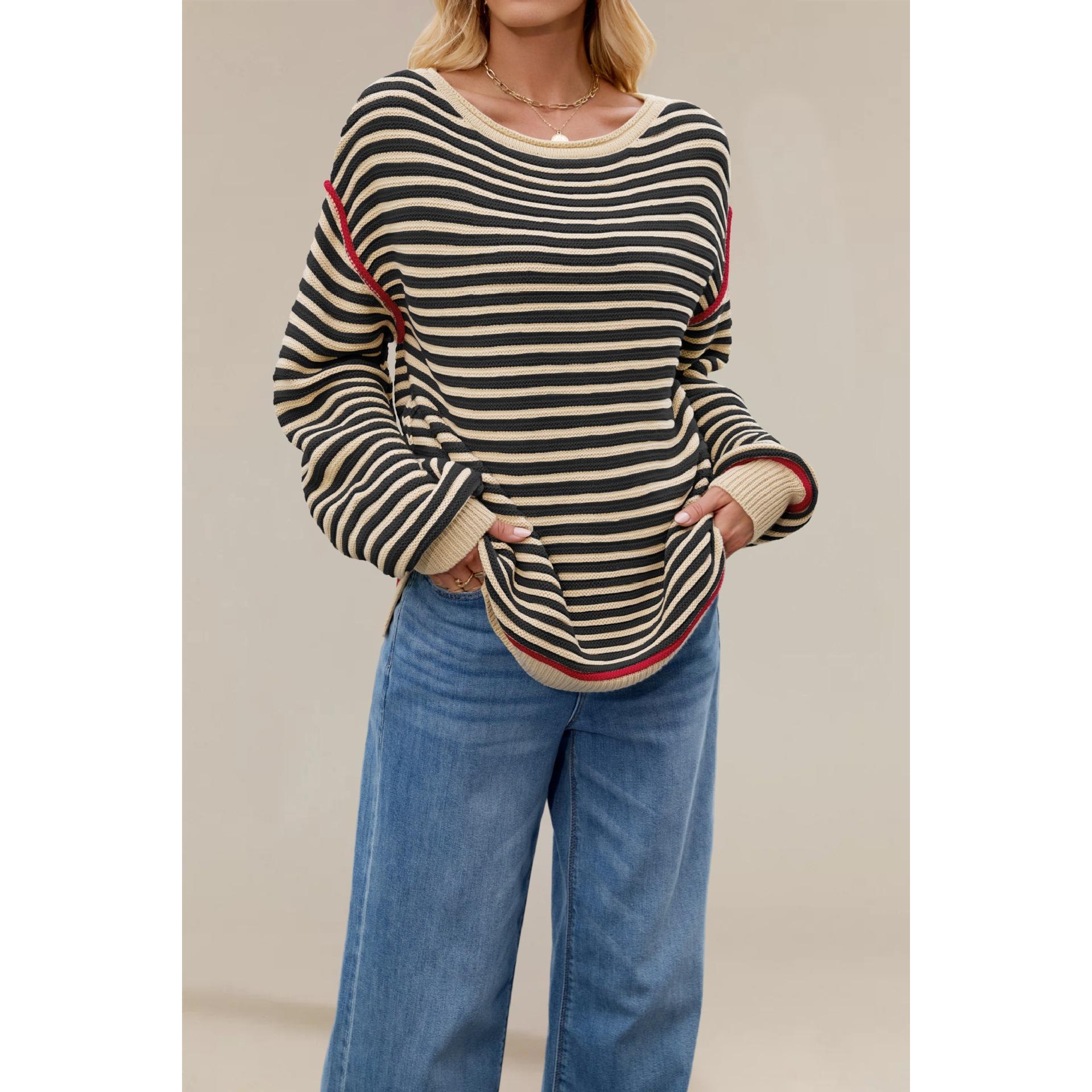 TK Suéter de punto a rayas para mujer, cuello redondo, manga larga y holgado para otoño e invierno.