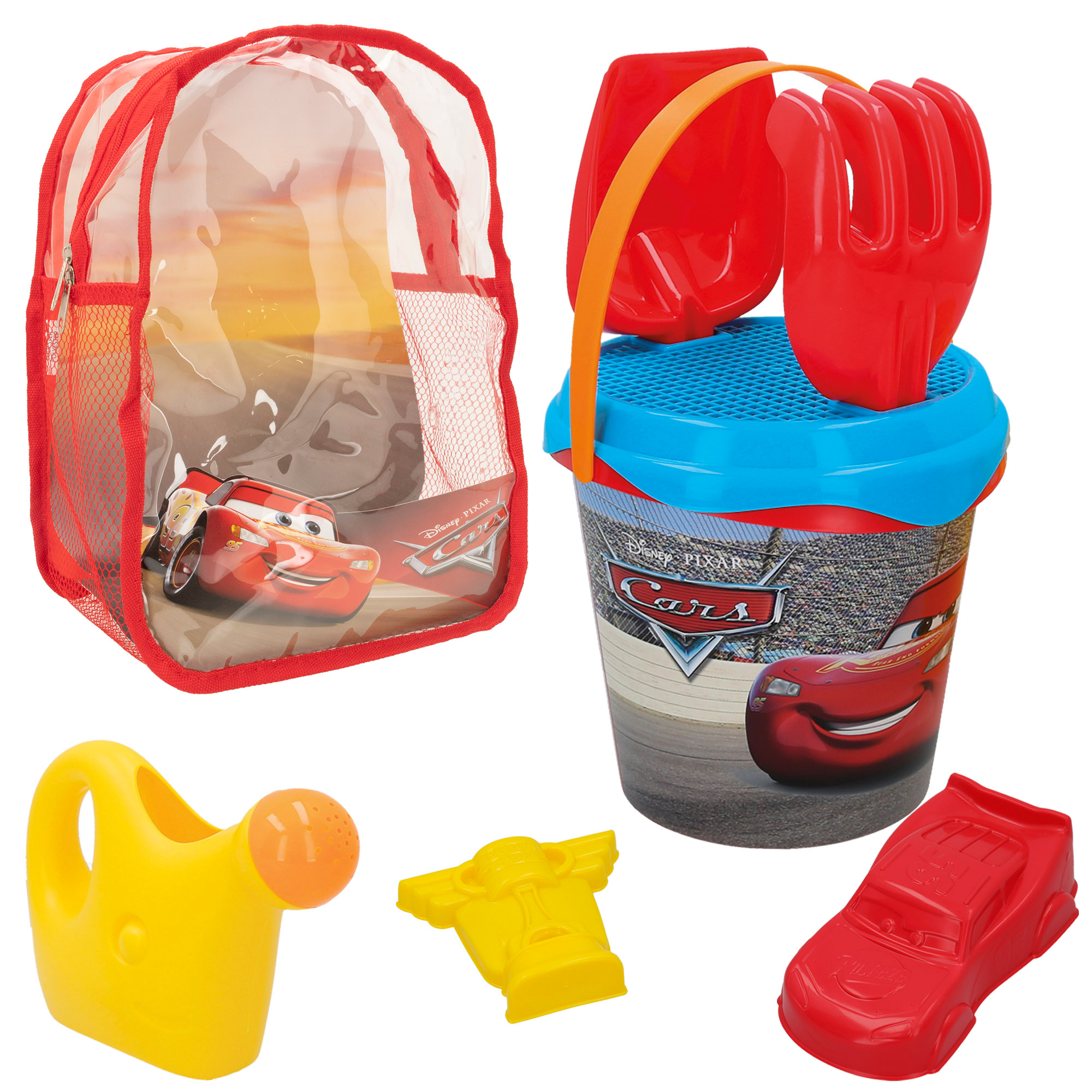 Cars - Set de playa infantil con cubo 18 cm y mochila, incluye pala, rastrillo, regadera, tamiz y moldes con forma de coche, juguetes playa para niños desde 18 meses, licencia oficial Disney, diseño con rayo mcqueen, verano lleno de acción