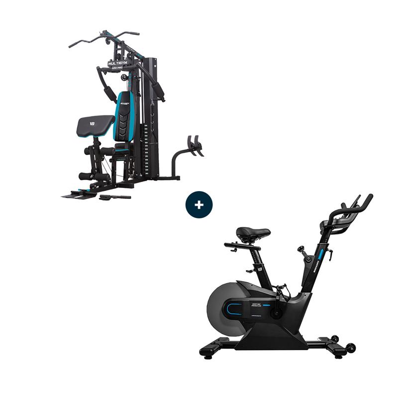 BEHUMAX - Pack Multigym 450 Pro y Smart Bike Premium 5000 estación musculación completa con bicicleta estática inteligente para home gym