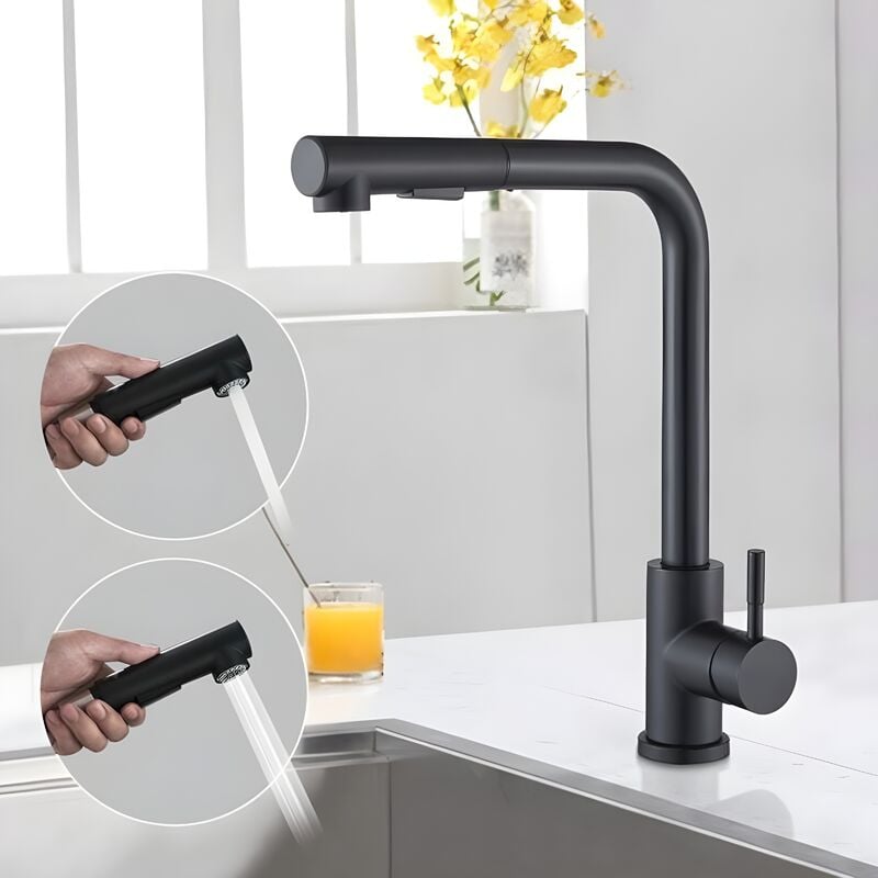 CA Grifo de cocina - Grifo mezclador para fregadero con rociador extraíble y giro de 360° - NEGRO