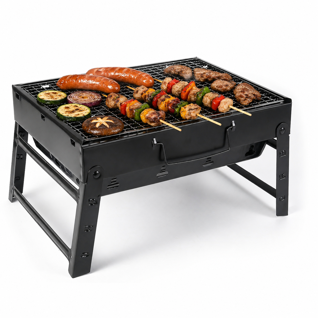 Family Parrilla portátil plegable de carbón estilo camping minimalista, barbacoa de mesa BBQ con soporte plegable, 35 × 27 × 20 cm, ideal para camping, picnic y reuniones familiares al aire libre
