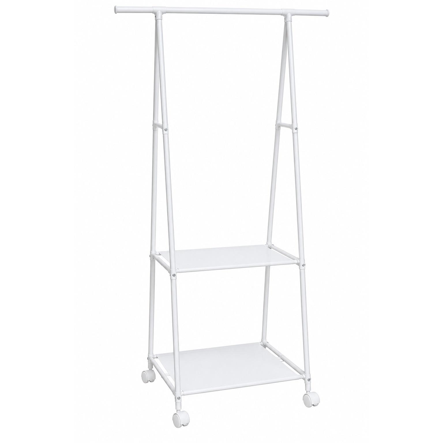 Perchero organizador vertical de metal blanco con ruedas, barra colgante y 2 estantes para dormitorio, vestidor o lavandería (55x43x157 cm)