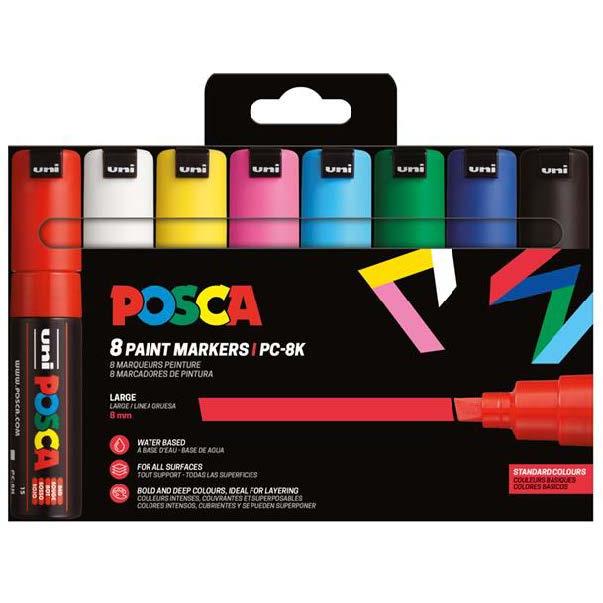 Posca pc-8k/8c estuche de 8 marcadores de pintura - punta biselada acrilica 8mm - tinta base al agua - resistente a la luz - color surtido