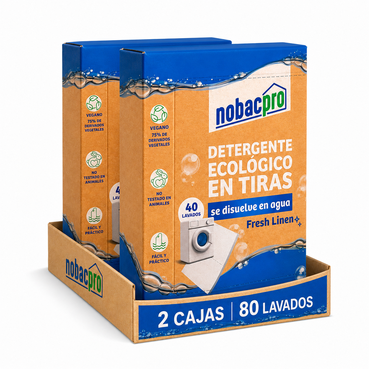 NobacPro - Detergente en Tiras para Lavadora | 40| 80 | 120 | 200 | 400 Lavados - 20 | 40 | 60| 100 | 200|  Tiras | Olor Fresh Linen | 100% Ecológico | Hipoalergénico y vegano | No contiene plásticos | Fabricado en España