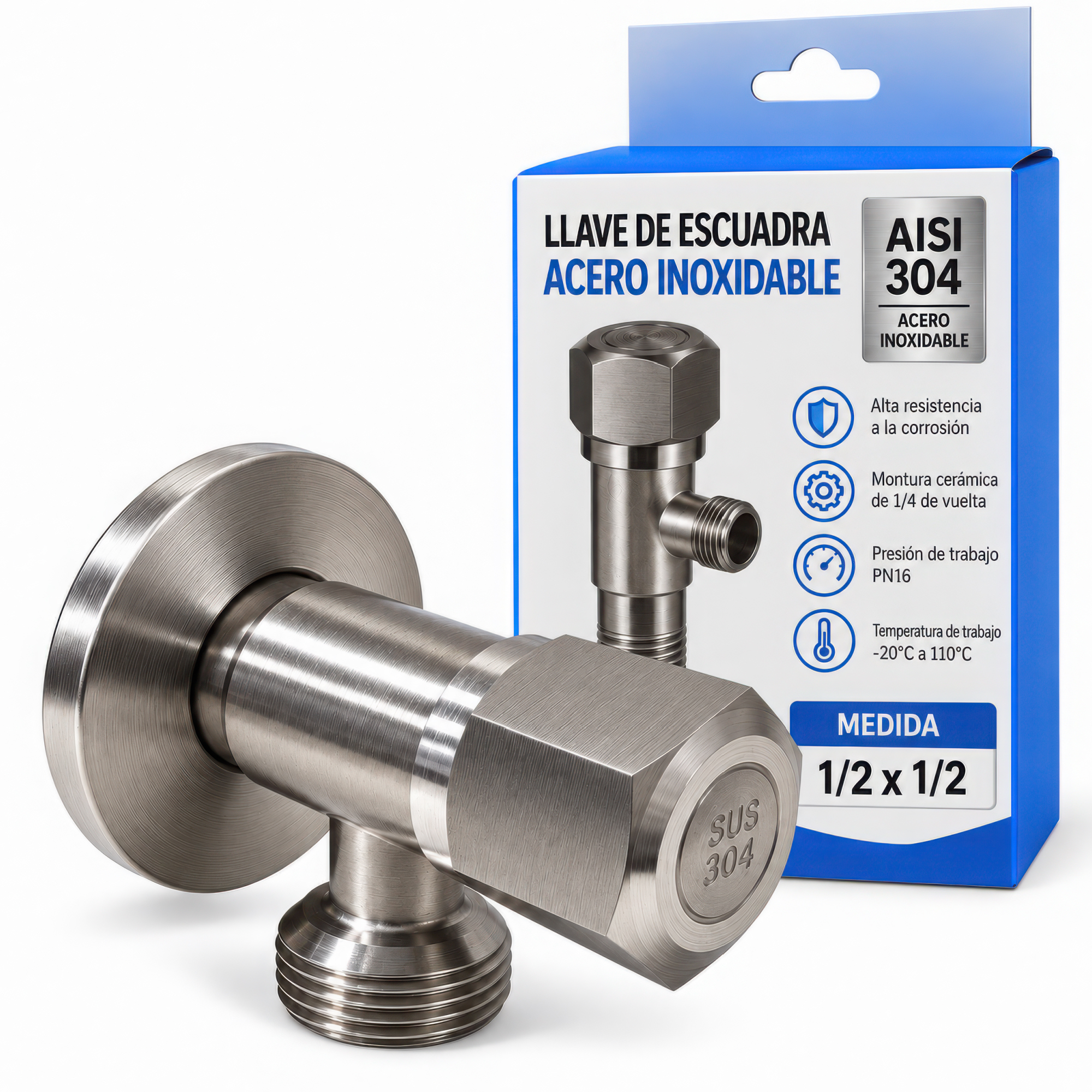 Llave de Escuadra Válvula 1/2 x 1/2 Pulgada AISI 304 PN16 FLUVIA