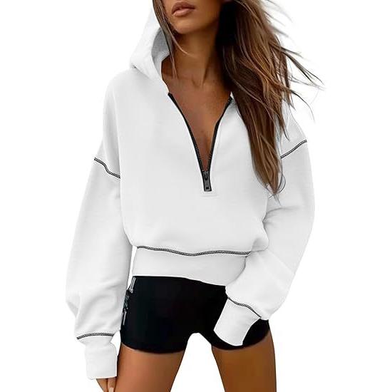 Sudaderas con capucha para mujer, manga larga, media cremallera, recortadas, sin botones, ropa de moda
