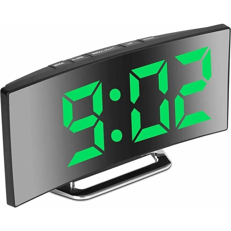 TK Despertador digital para dormitorios, Pantalla LED de espejo de 7', 2 niveles de brillo, 12/24 horas, temperatura, fecha, luz nocturna, repetición de alarma, carga USB (Verde/Pilas no incluidas)