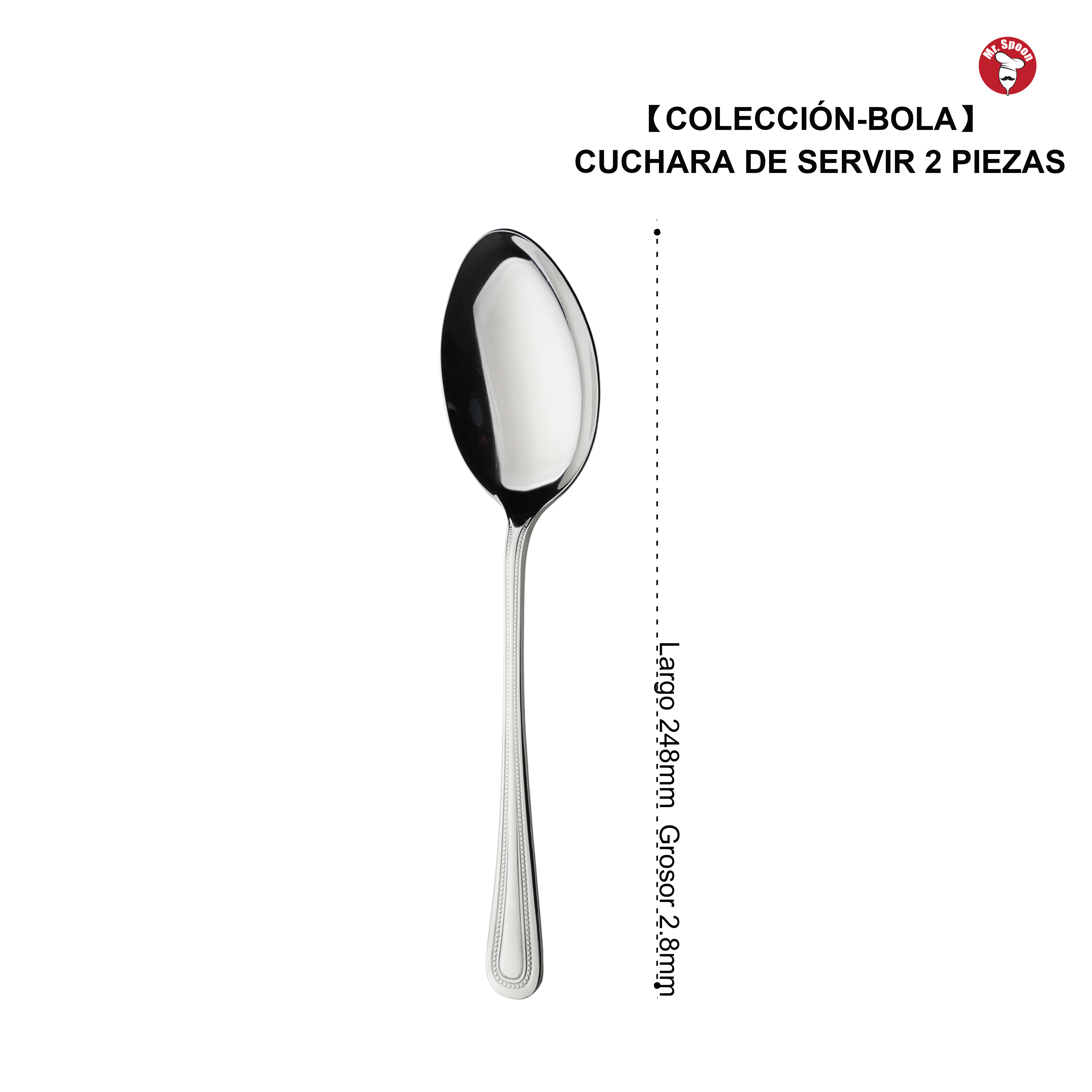 Mr.Spoon Serie Bola Cuchara y Tenedor de servir 2, 6 o 12 piezas,Acero inoxidable 18/0,Plateado,Económico y funcional,Cuchara y Tenedor de servir largo 248mm,Mango monobloque,Apto para lavavajillas,Empaque ecológico. Ideal para casa,hotel,restaurante