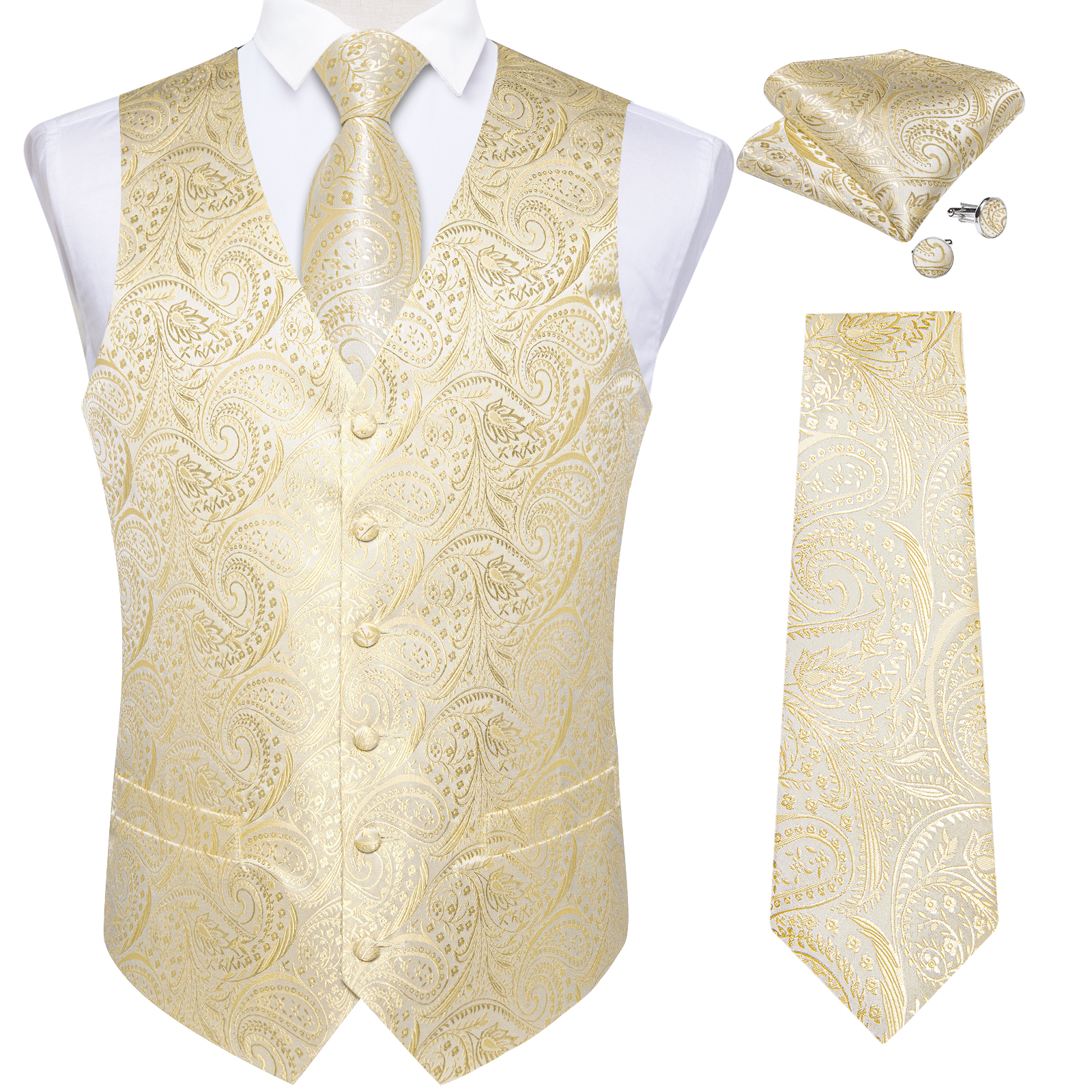 TK Chaleco De Seda Para Hombre Beige Con Estampado Paisley Cuello De 8cm Pañuelo De Bolsillo Y Pulsos Para Boda Y Baile De Promoción Traje De Vestido