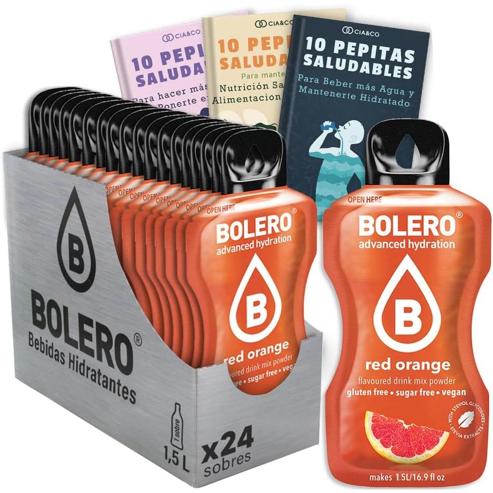 Bebida Bolero sabor Naranja Roja, Pack 24 sobres (24x9g). Hidratación sin azúcar con un intenso y sofisticado sabor cítrico, enriquecida con Vitamina C y Stevia.