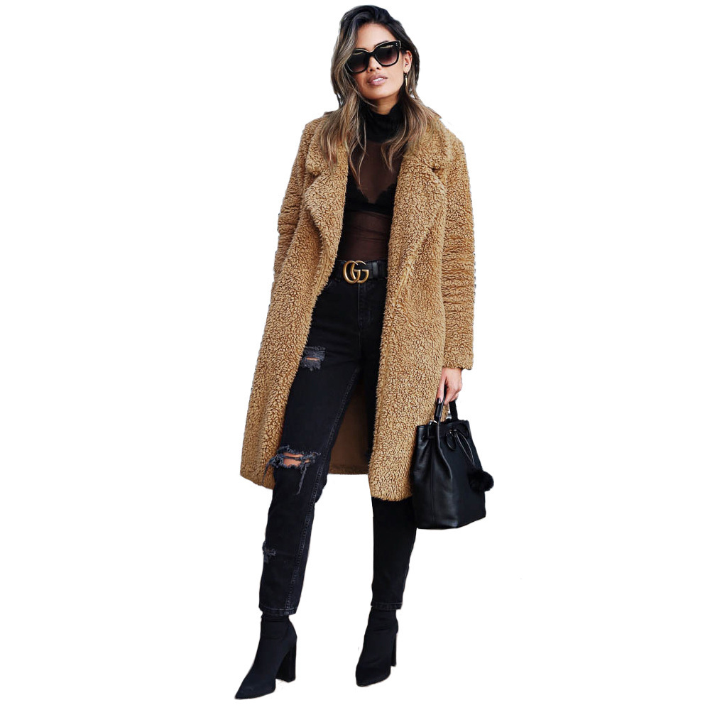 Abrigo largo y acolchado para mujer con solapa y diseño abierto; cálido abrigo de invierno de piel sintética