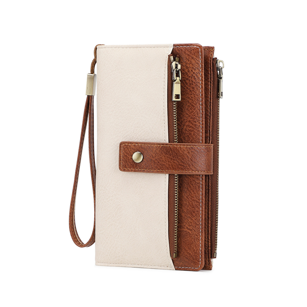 Cartera para mujer, elegante cartera de piel con bloqueo Rfid de color sólido, cartera de mano triple con correa para la muñeca