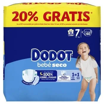 Dodot Bebé Seco Talla 7 (+15kg), 60 Pañales, Protección y Secado hasta 12h