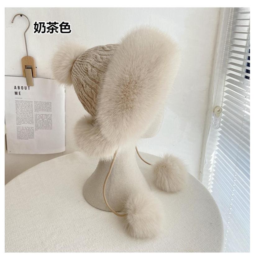 Gorro de piel sintética de invierno para mujer con pompones y orejeras, gorro de esquí