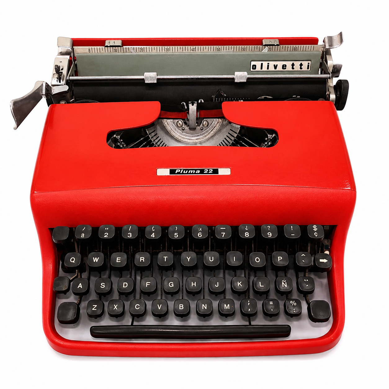 Máquina de Escribir Vintage Olivetti Pluma 22 Roja Pintada a Mano – Pieza Artesanal Única – Teclado en Castellano – Revisada y Totalmente Funcional