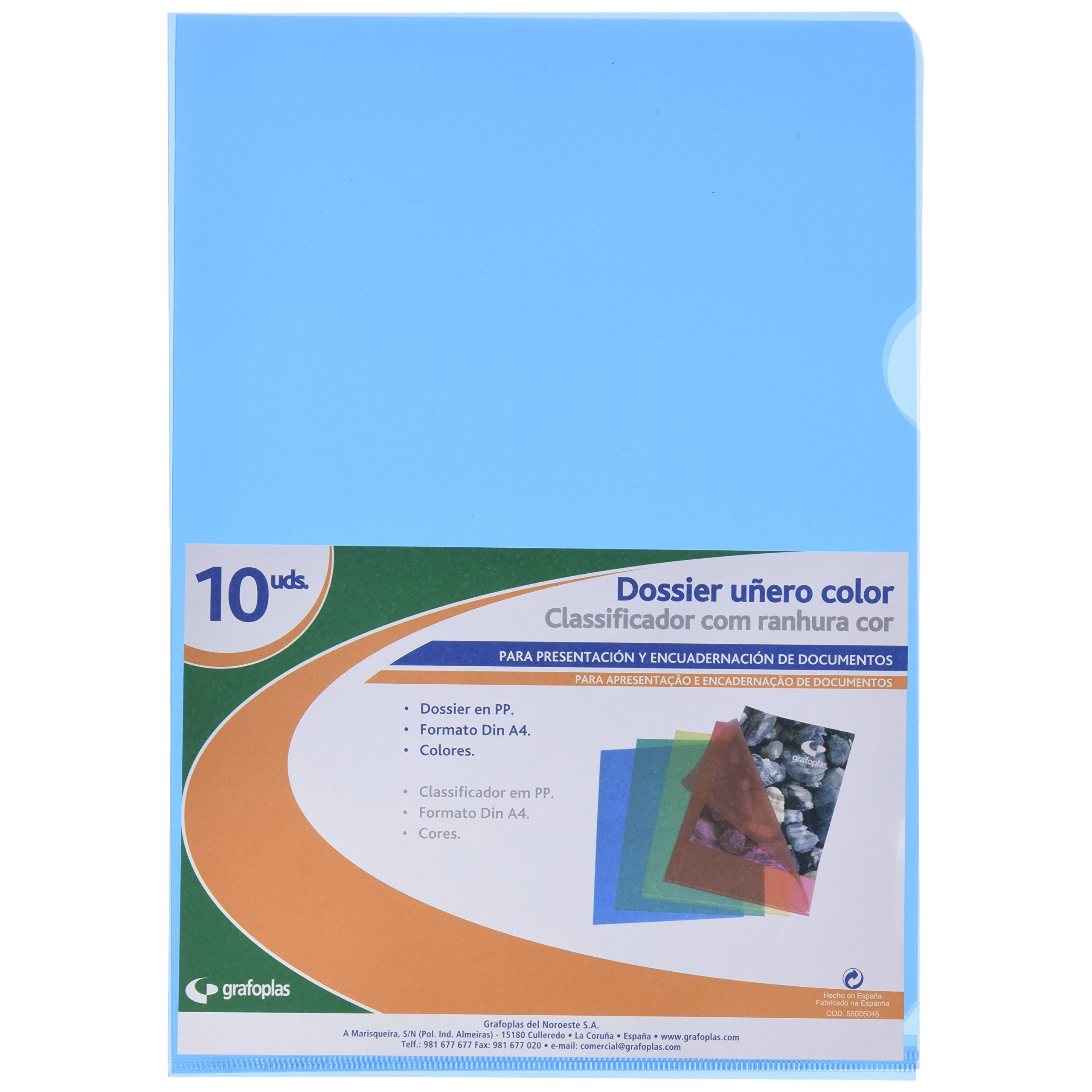 Grafoplás 5281130. Pack de 10 Dossiers Uñero A4, Color Azul, Forma de L