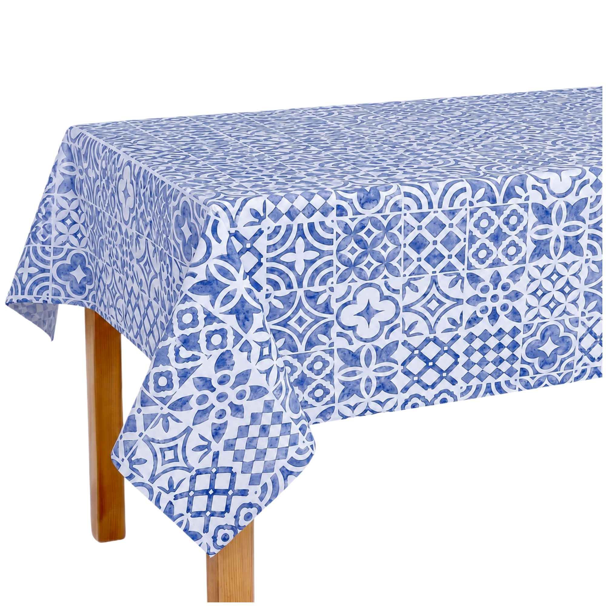 Mantel de Hule PVC Azul y Blanco Tipo Azulejo, Ancho 140 cm, Varias Medidas para Cocina y Comedor