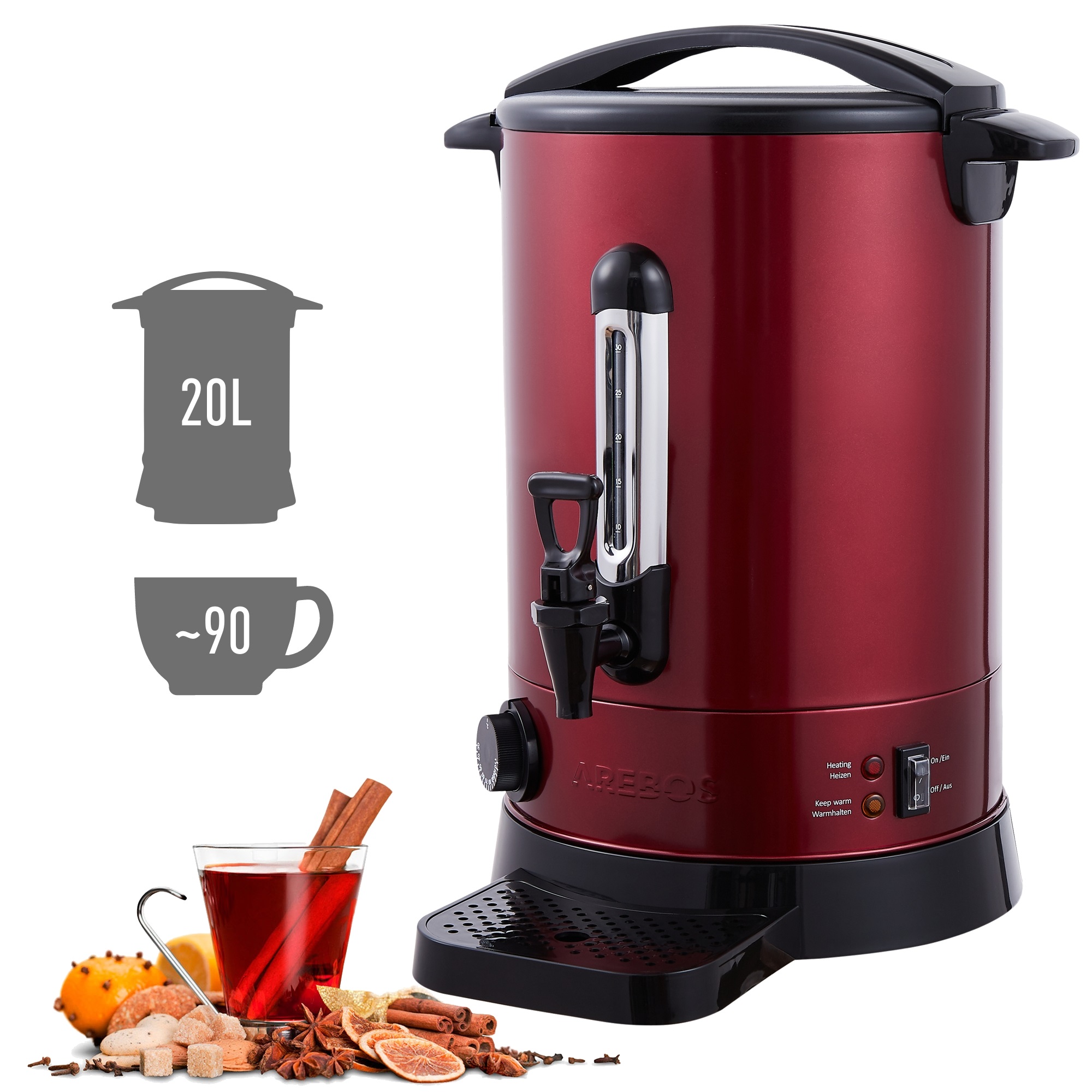 AREBOS - Dispensador de Bebidas Calientes - 20 L - 1650 W