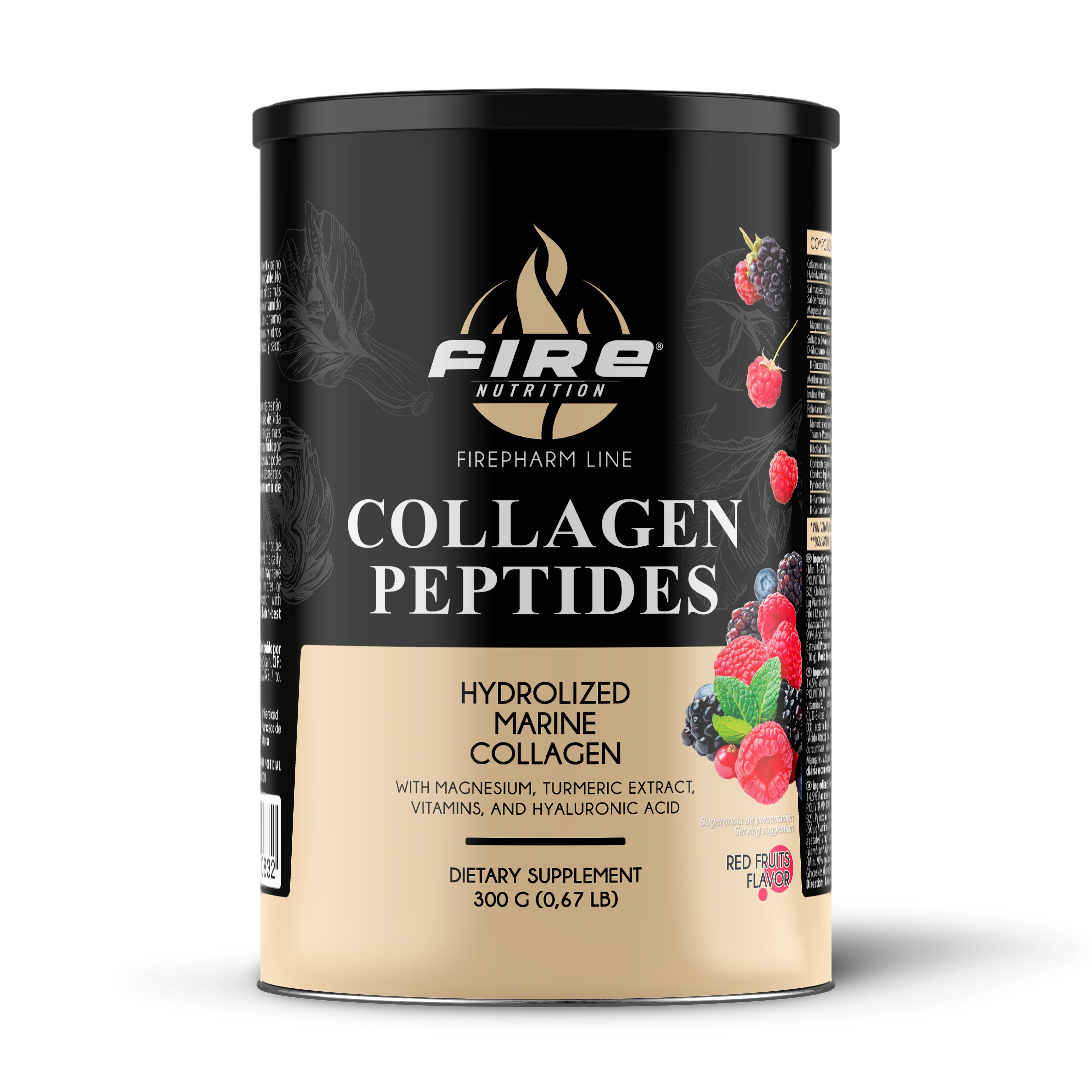 Colágeno Marino Hidrolizado, Collagen Peptides, Fire Nutrition 300 g Sabor Frutos Rojos con Magnesio, Cúrcuma, Vitaminas y Ácido Hialurónico