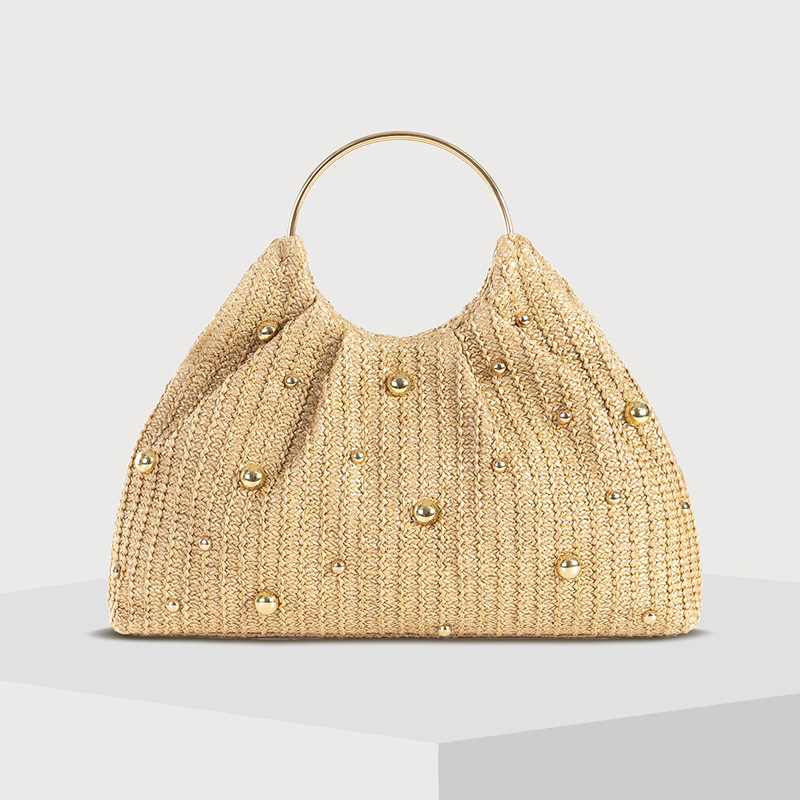 Bolso de playa tejido de paja 2026 con cuentas de verano con asa superior, bolso de noche de rafia, bolso de mano de boda para vacaciones