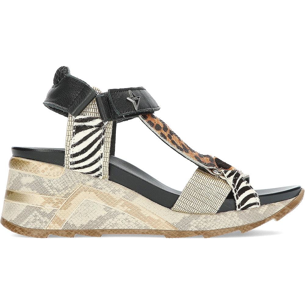 Sandalias Cetti de Cuero con Estampado de Leopardo Blanco y Cuña de 4cm