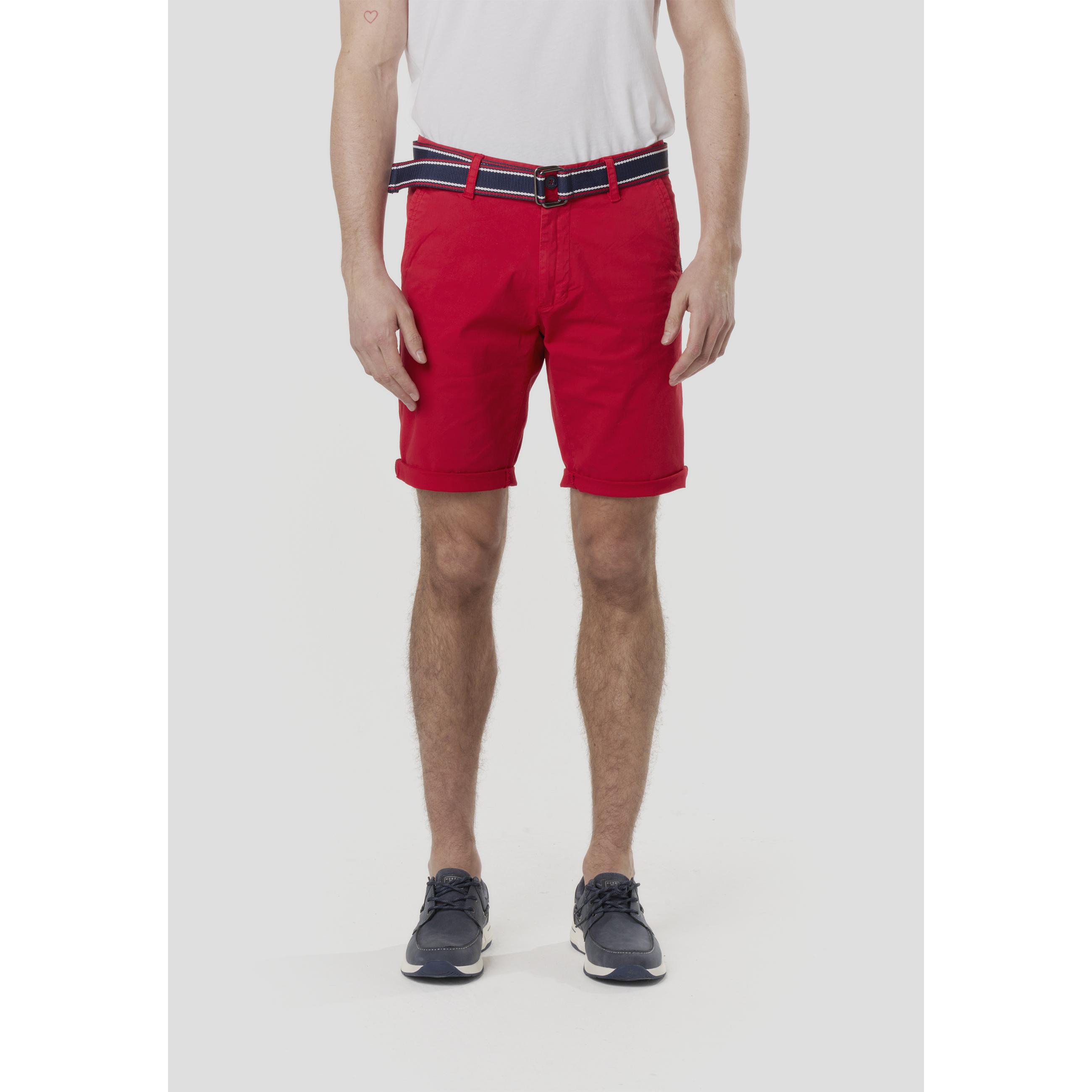 Koroshi - Bermuda chino náutico para hombre de algodón elástico 97% con cinturón textil a rayas incluido, corte regular y bajo en vuelta