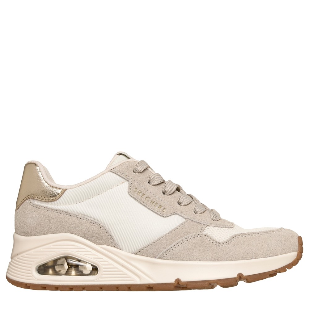 Cómoda  Zapatilla mujer running clásico Skechers UNO ON AIR VINTAGE tejido ofwite y serraje gris. Plantilla Memory Foam acolchada. Suela con cámara de aire amortiguadora Altura Tacón bajo (1-3 cm) Referencia 177856-OFWT