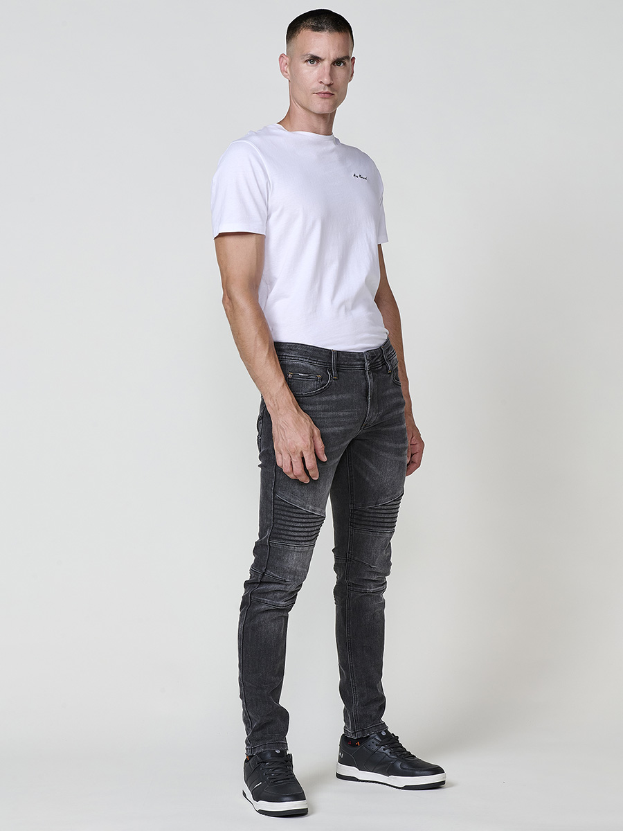 Koroshi - Pantalón biker skinny fit de denim elástico para hombre, con detalles en rodillas y cierre cremallera y botón