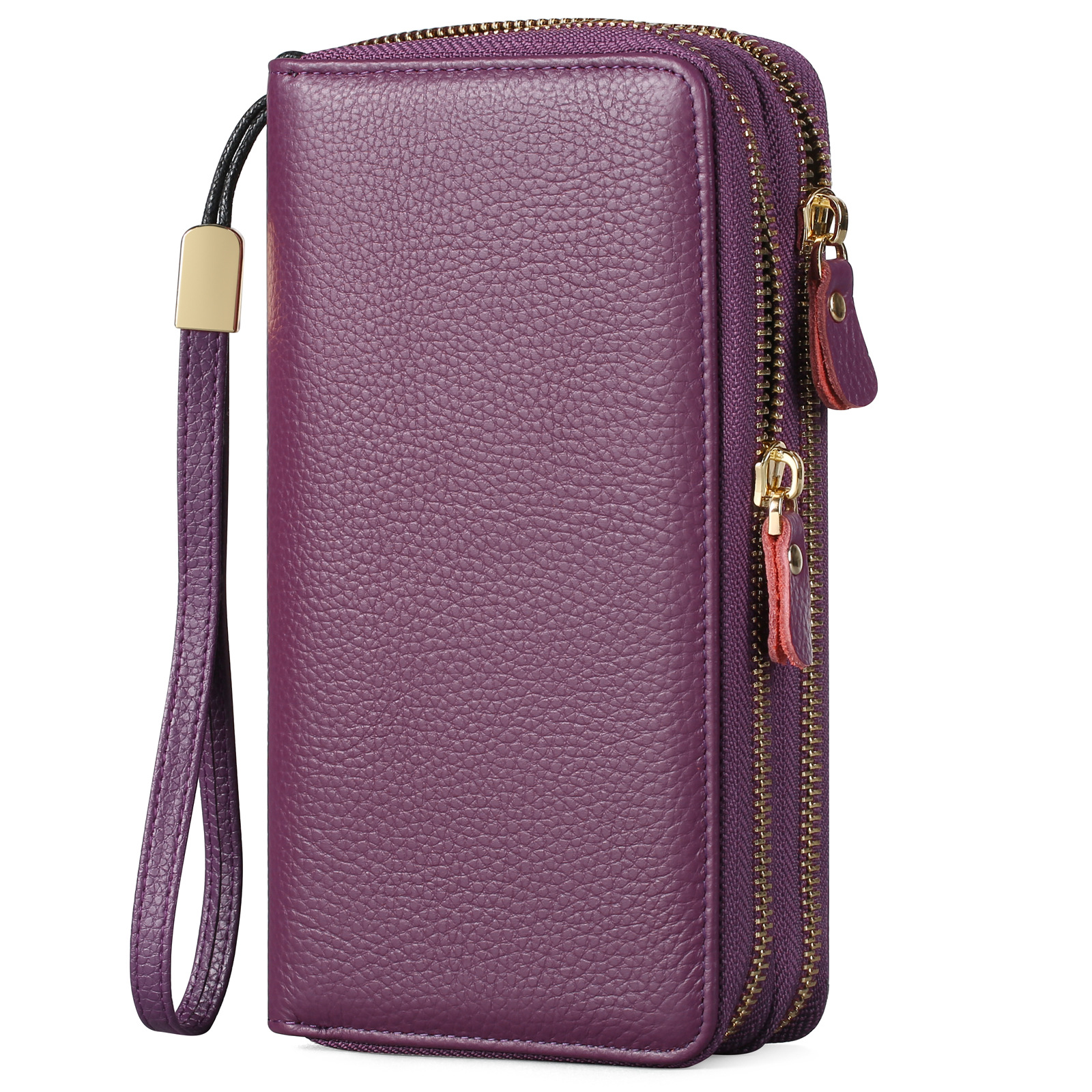 Carteras de cuero para mujer, con bloqueo de identificación por radiofrecuencia (RFID), cierre de cremallera alrededor del tarjetero, cartera para teléfono, con correa, de gran capacidad