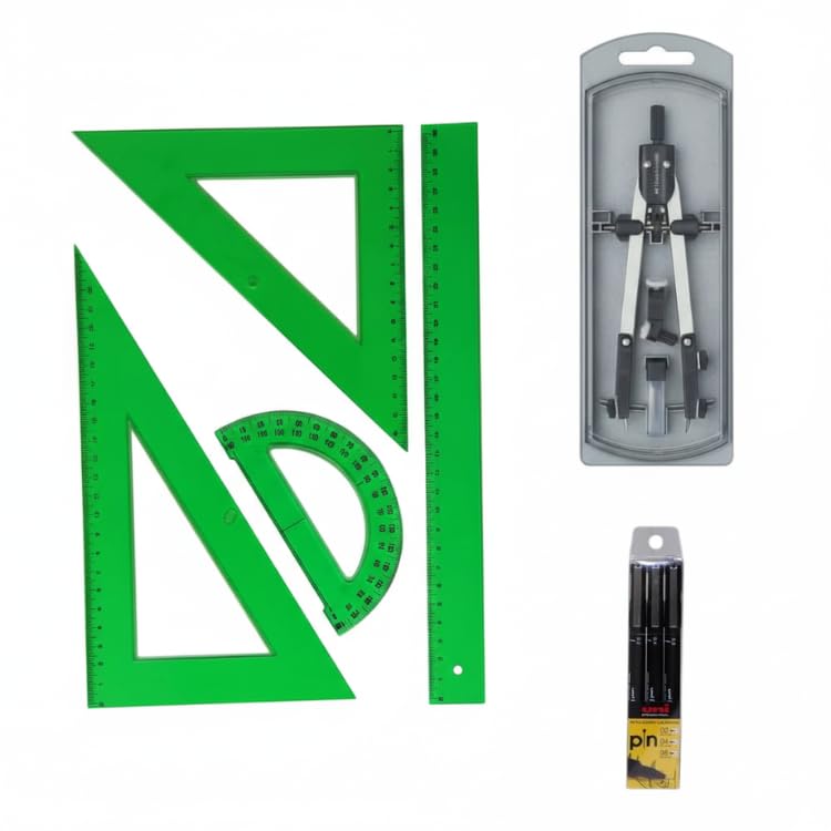 Pack Escolar - Escuadra - Cartabón - Regla - Semicírculo - Color Verde- Compas Articulado de Ajuste Rapido Adaptador Universal 17 cem. + Accesorios 32722-8