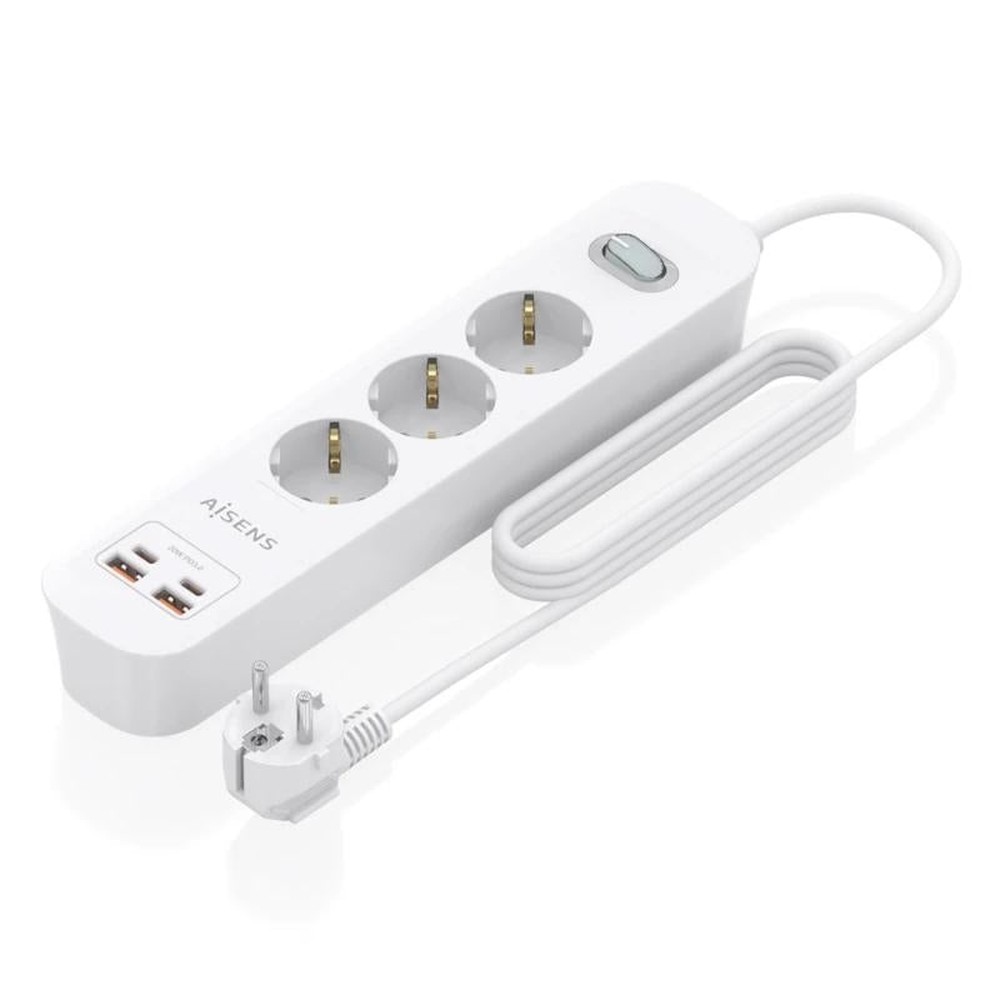 Aisens power strip 3 sockets with switch and pd, features 2 usb type-c and 2 usb ports, 1.4m cable, 3680w capacity, smart technology, and surge protection, perfect for charging devices efficiently.