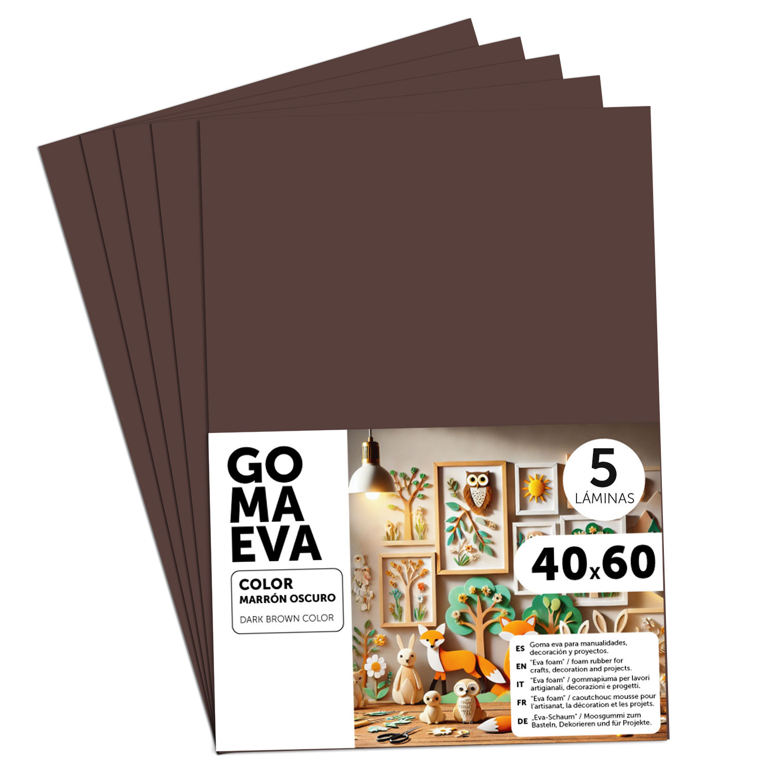 Goma Eva para Manualidades, Goma Espuma de Colores para Proyectos Creativos, Ideales para Artes y Manualidades, uso Escolar, Profesional o Artístico 40x60cm - m-office (Marrón Oscuro, 5 uds)