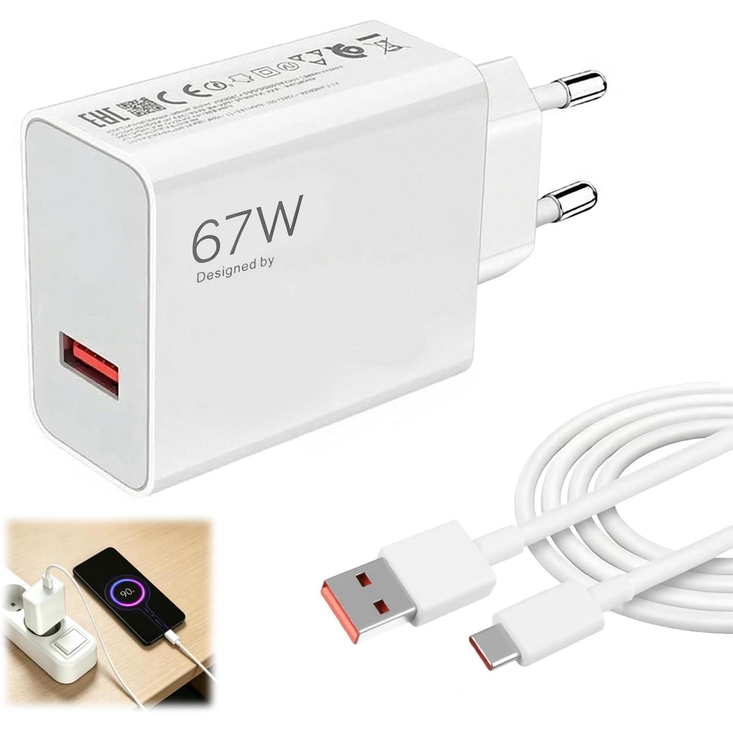 Cargador rápido USB C de 67 W, compatible con Xiaomi 15/14/13/12T/12S Pro Lite Ultra y Redmi Note 14/13/12S, así como Poco F7/X7 Pro/F5/M6, incluye cable de datos tipo C de 2 m, compacto, fiable carga