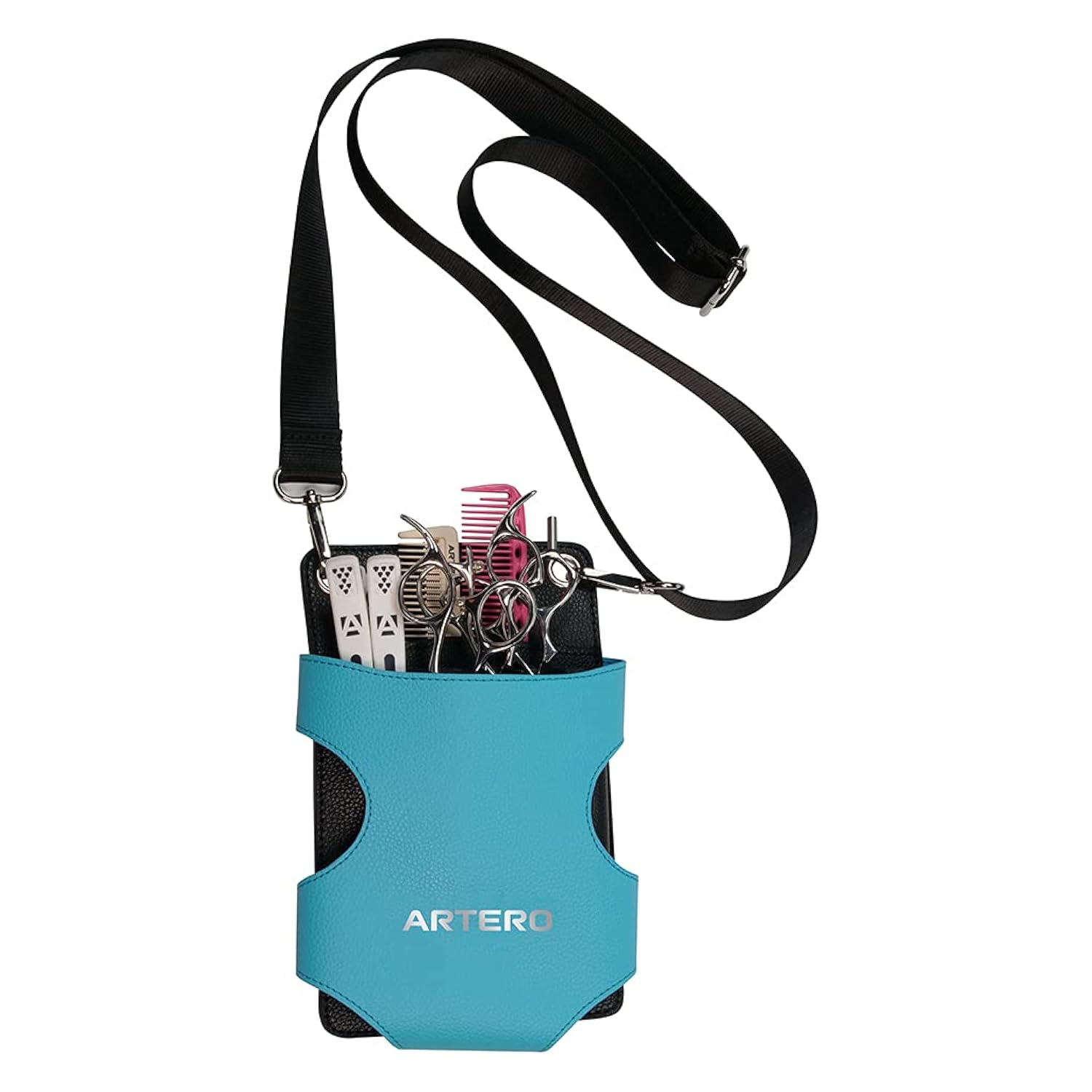 Artero Royale funda para tijeras de peluquería, peines y cepillos, 4 compartimentos, cinturón de 150 cm, azul celeste