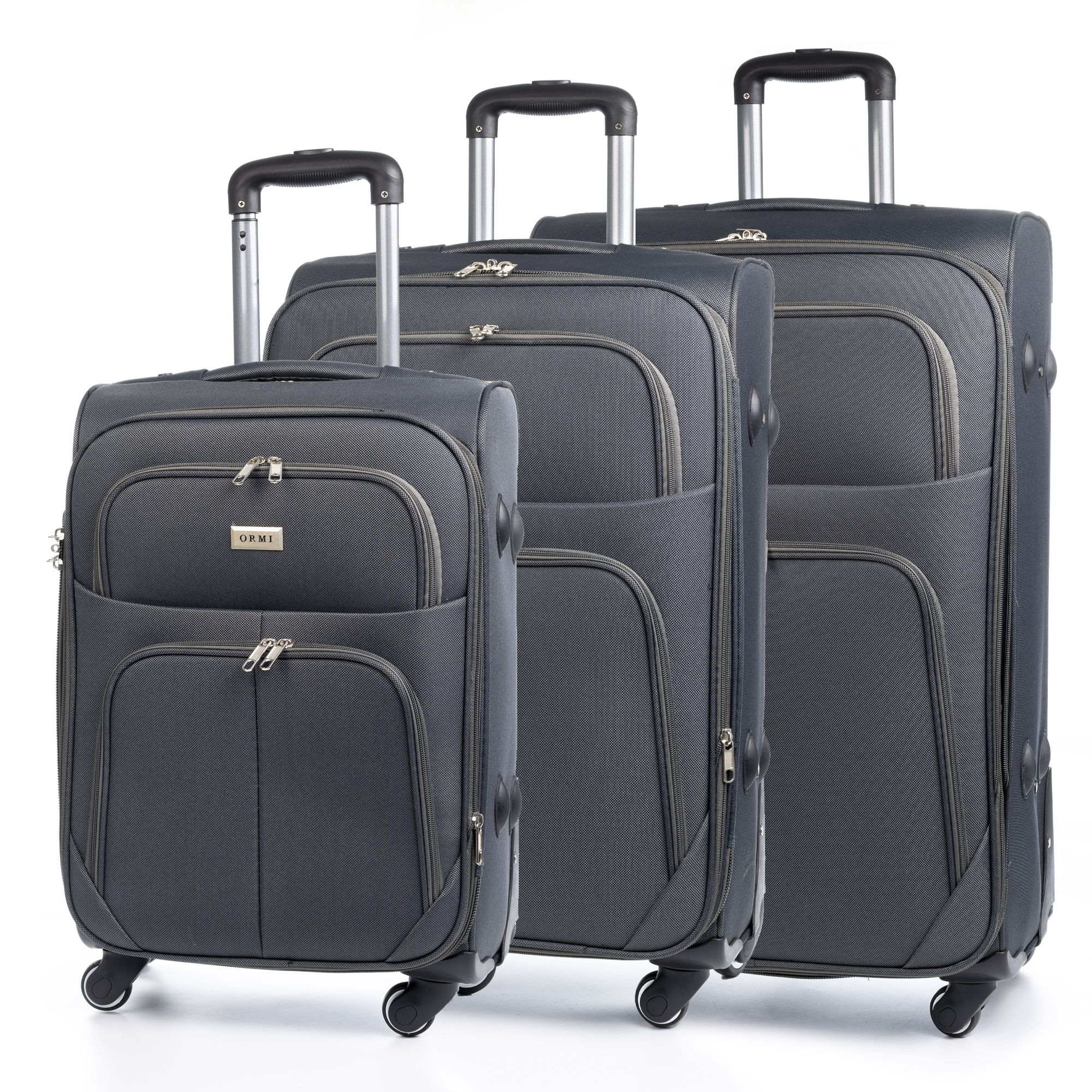 DAM Juego de 3 maletas Trolley extensibles de tela, semirrígidas. Cerradura numérica, 4 ruedas giratorias 360°. 45x29x75 Cm.