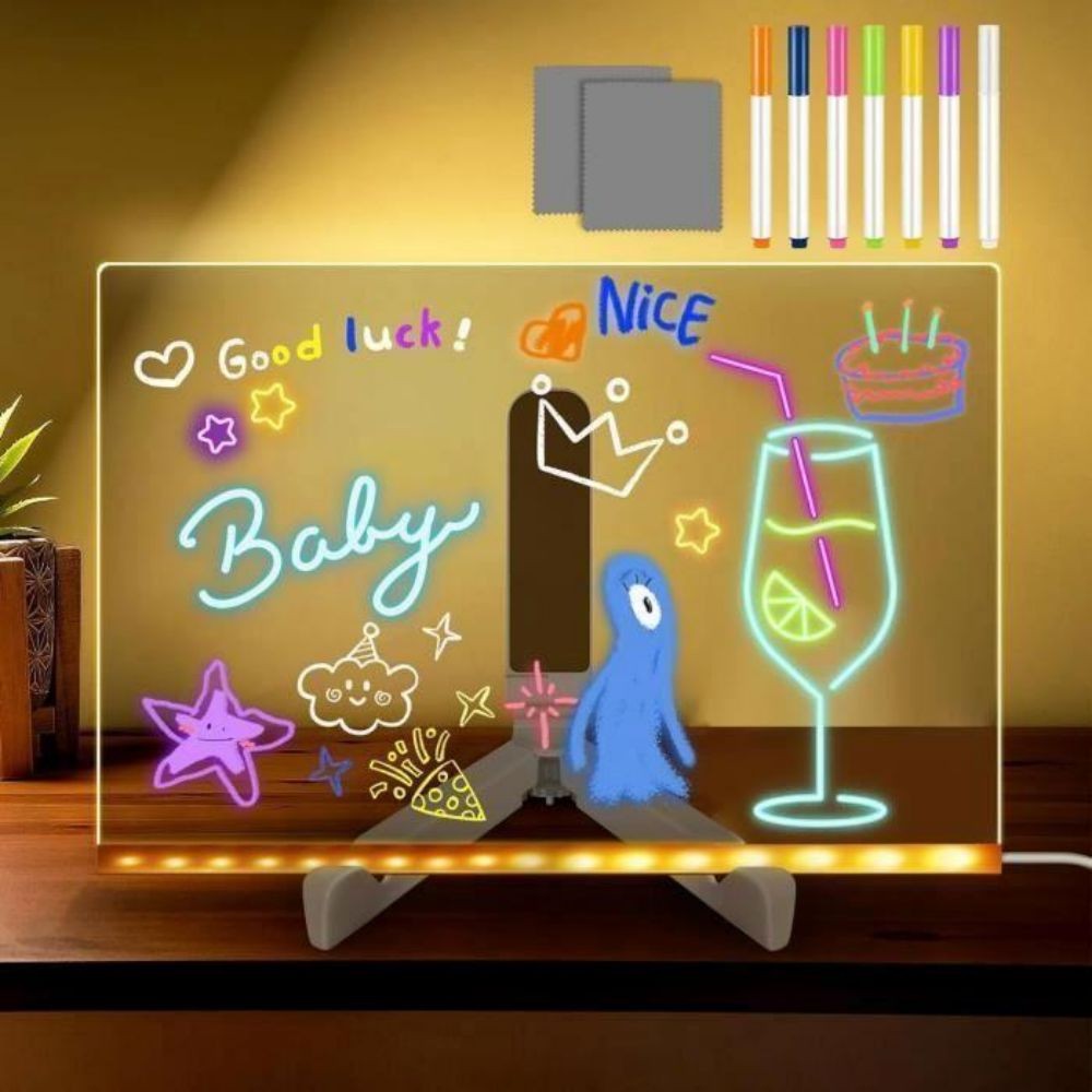 Om Home Tablero de mensajes acrílico con luz LED de 30 x 20 cm con 7 rotuladores de neón, soporte ajustable, regalo creativo para niños, etiqueta