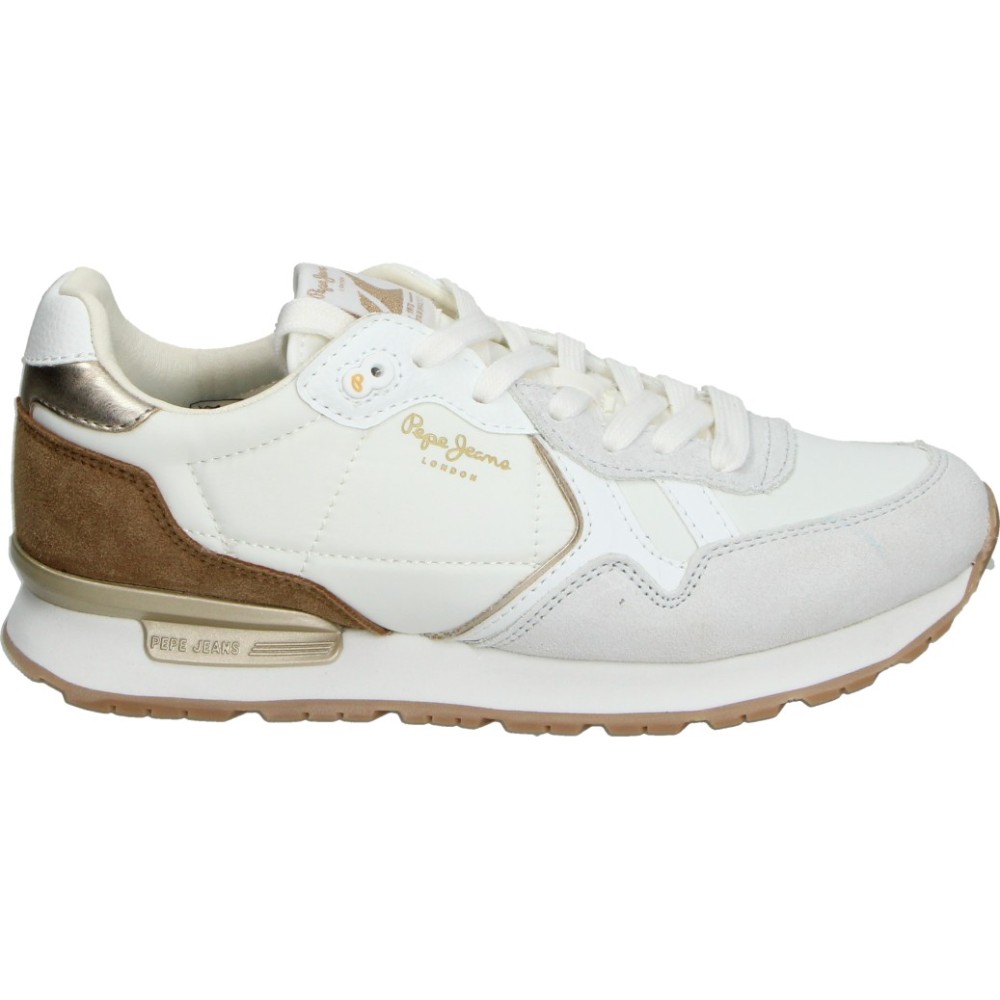 PEPE JEANS | Deportivas Brit Pepe Jeans para Mujer – Zapatilla Running Retro color Blanco con Combinación de Materiales, Tejido de Malla, Detalles de Ante, Logo Termosellado en los Laterales y Estilo Casual Deportivo – Modelo PLS400043-803