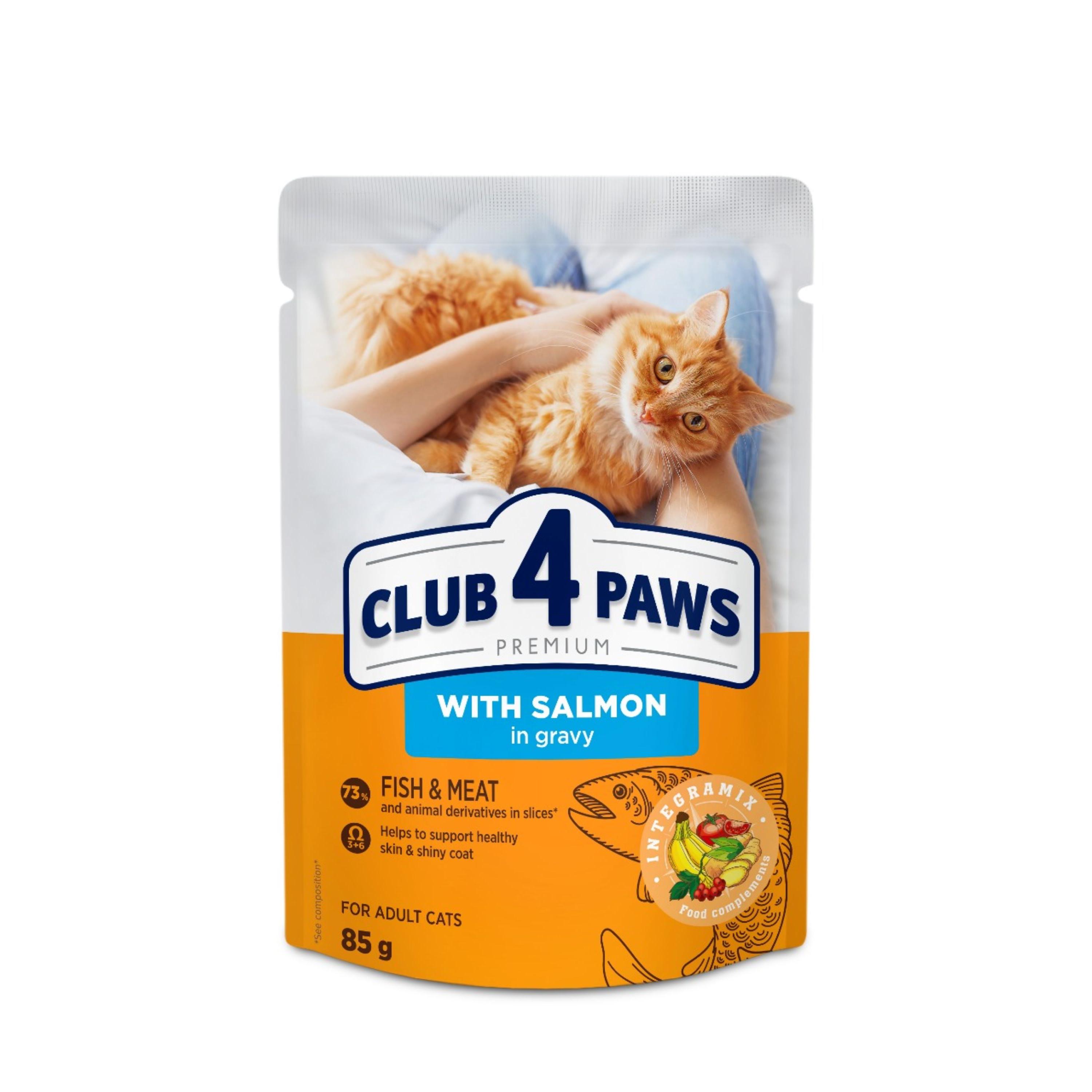 Comida húmeda completa para gatos adultos CLUB 4 PAWS PREMIUM-Salmon en gelatina PACK 24*85g