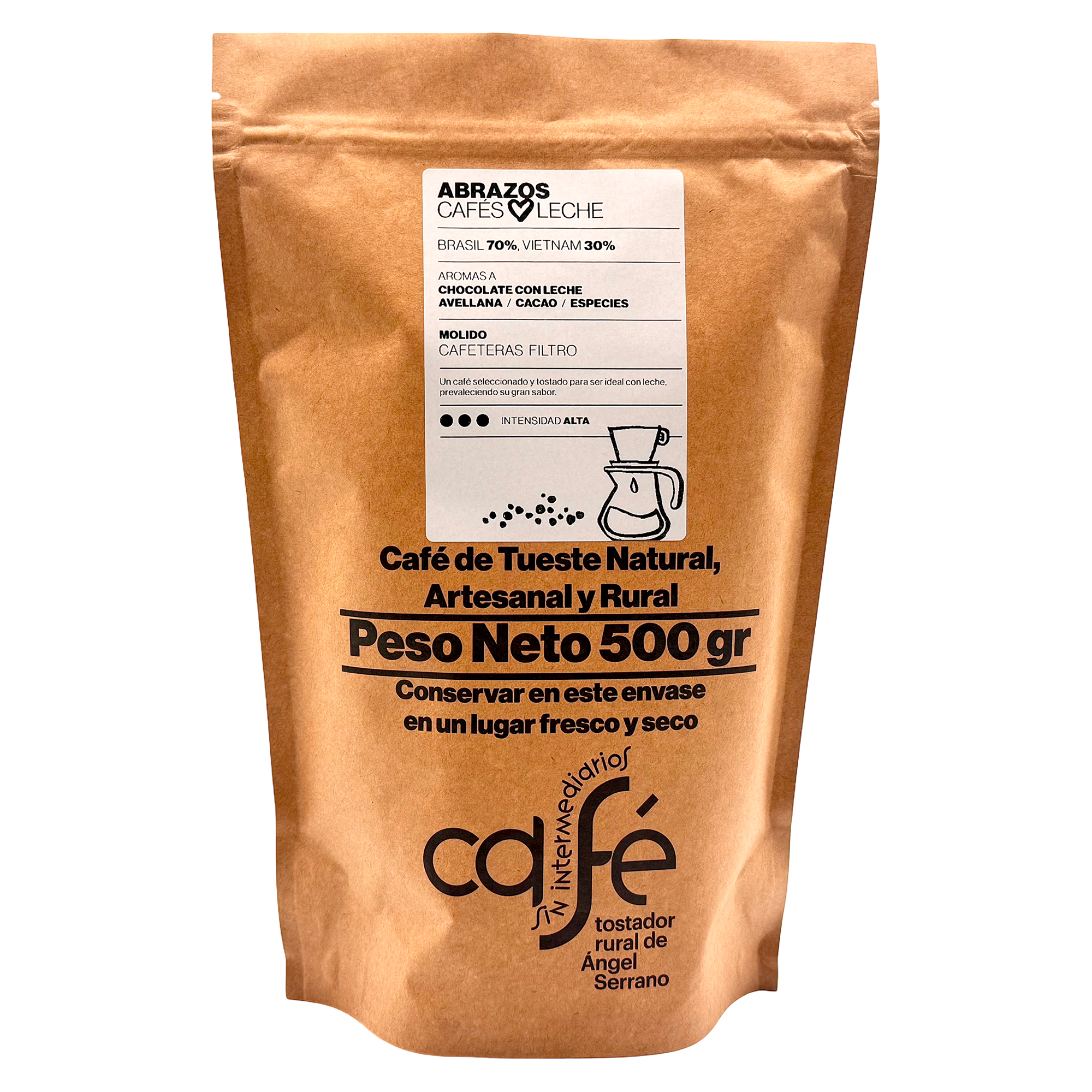 CAFÉ SIN INTERMEDIARIOS - Café de Brasil y Vietnam - Abrazos - Ideal para combinar con leche - Intensidad de sabor Alta - Recién tostado y envasado - 500g Grano o Molido (Exprés, Filtro, Italiana, Americana, Superautomática)