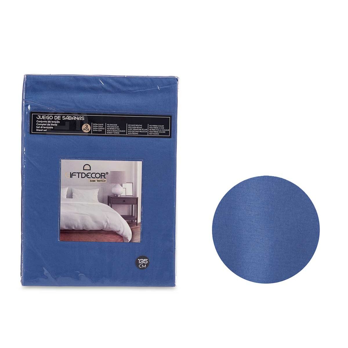 Gift Decor - Juego de sábanas 3 piezas en 100 % poliéster azul para cama de 135 cm, bajera ajustable 135x200 cm y funda almohada 45x150 cm