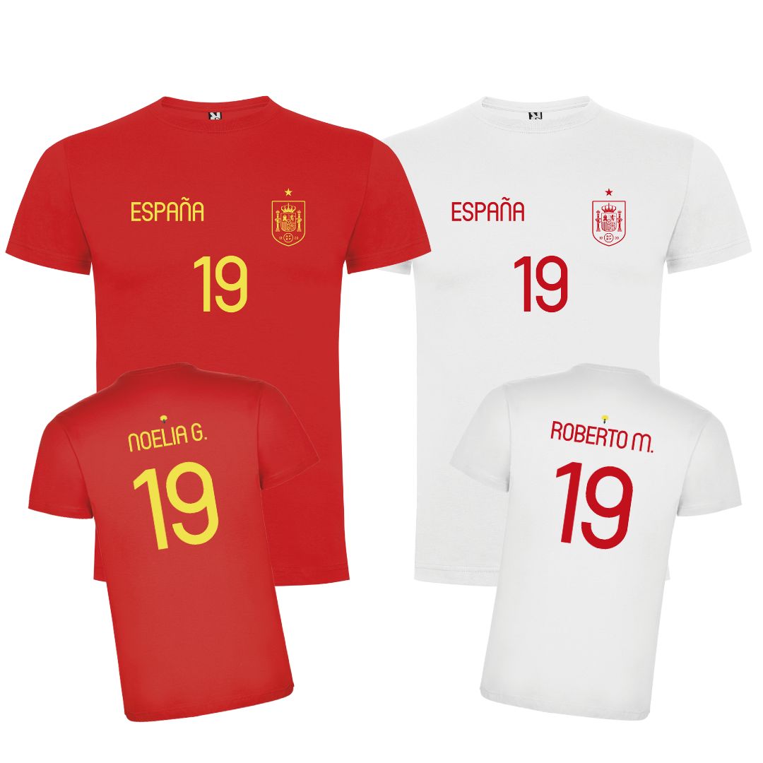 DEREGALOOS Camiseta España Personalizada con Nombre y Número en Pecho y Espalda, Blanca o Roja