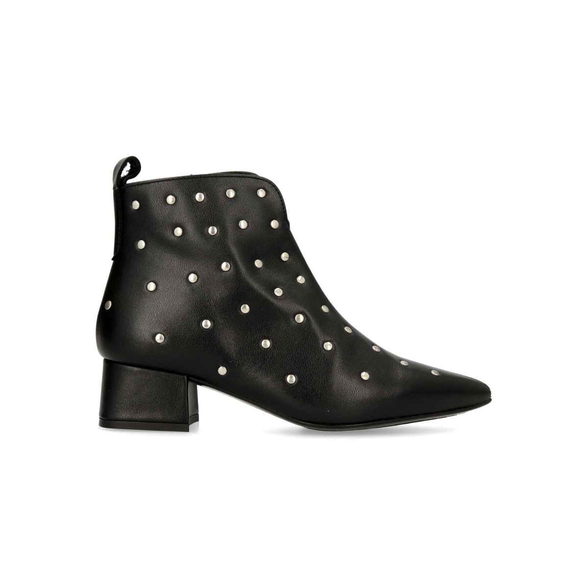 DESIREE - Botines de mujer piel serraje con tachas tacón ancho 4 cm punta fina caña 12 cm suela goma flexible
