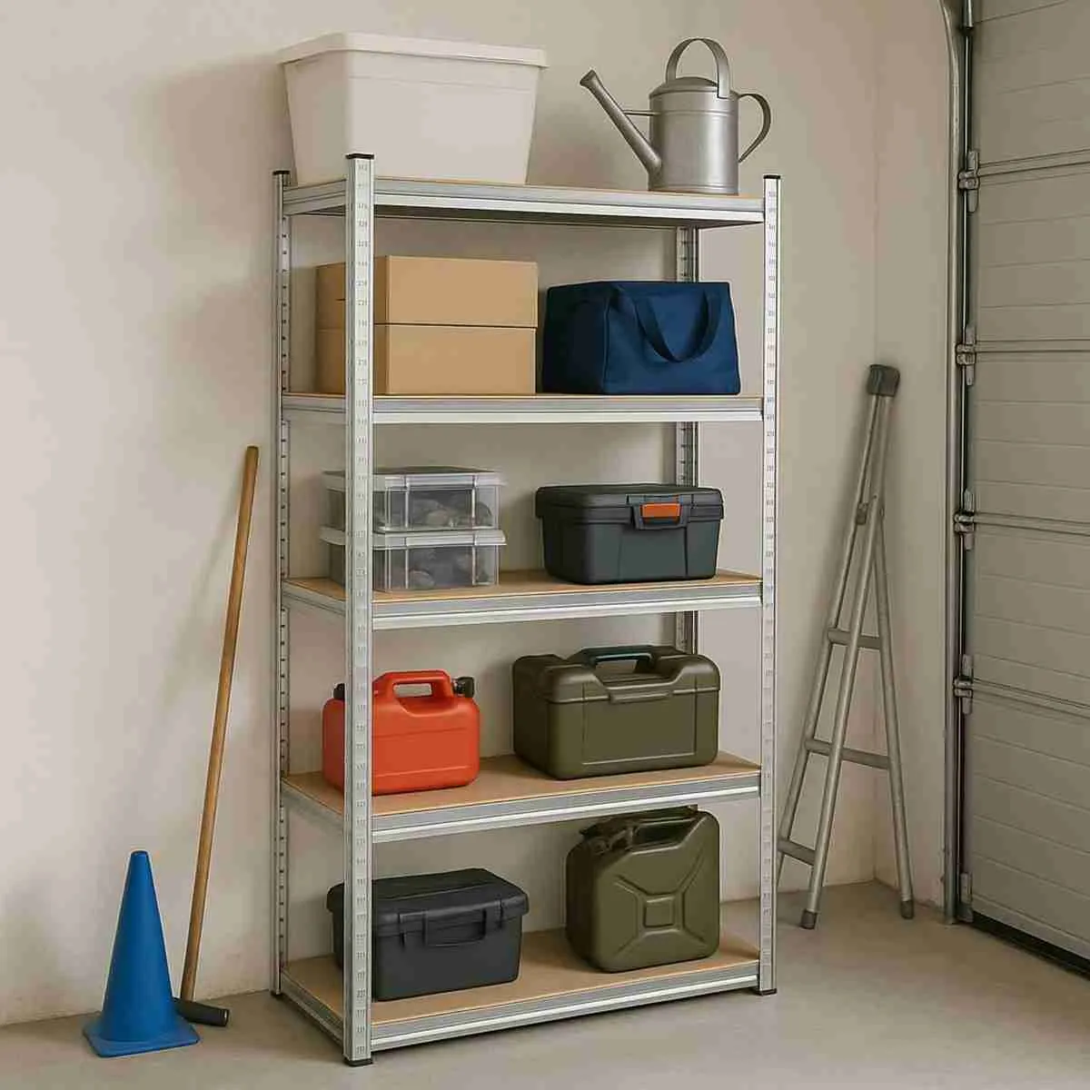 Estantería Metálica De Almacenaje Multiusos Acero Galvanizado Con 5 Baldas MDF Ajustables Carga Pesada Klack Para Garaje Trastero Y Taller