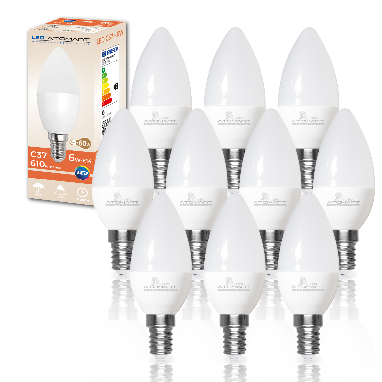 LED ATOMANT Bombilla LED tipo Vela C37 con casquillo E14, 6W de potencia y 610 lúmenes, ideal para lámparas decorativas, apliques y candelabros. Luz eficiente y de bajo consumo, encendido instantáneo y diseño compacto